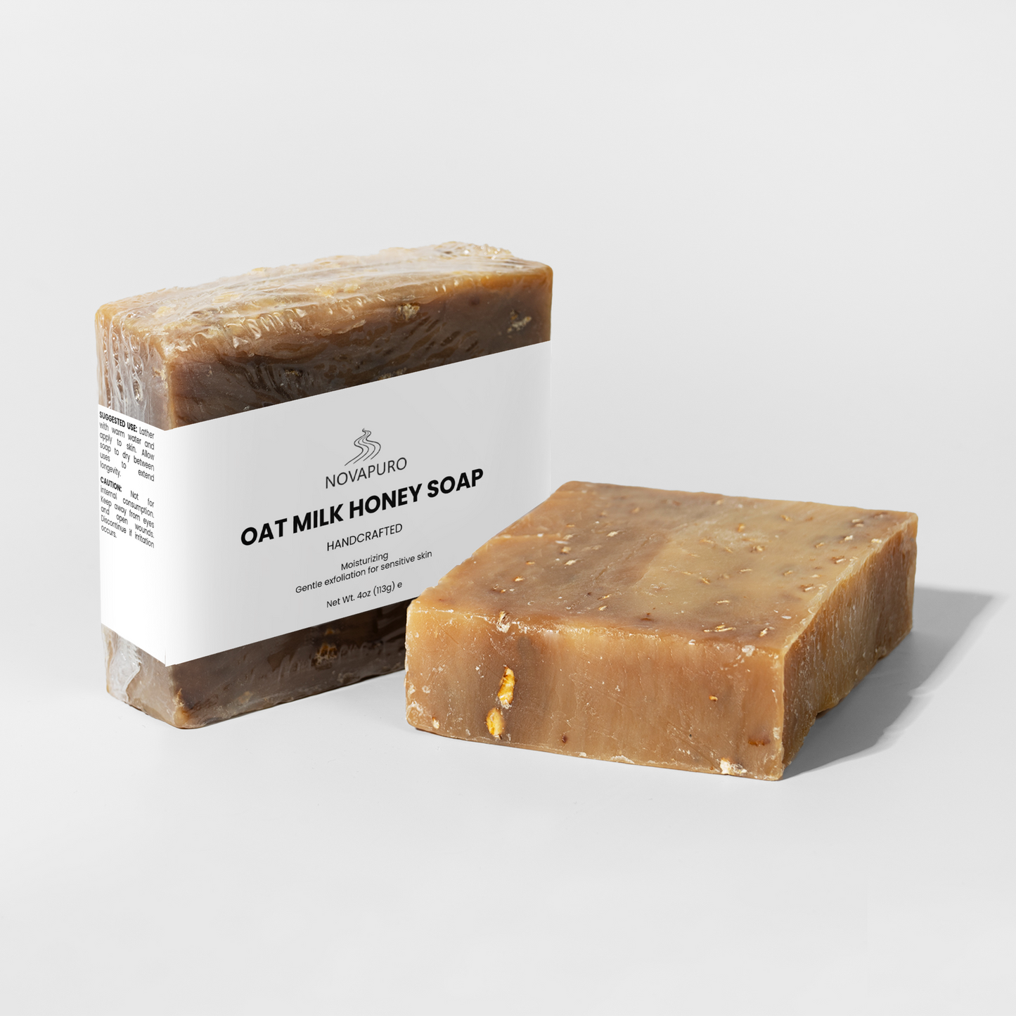 Handcrafted organic goat milk and honey soap by Novapuro for gentle skin exfoliation.