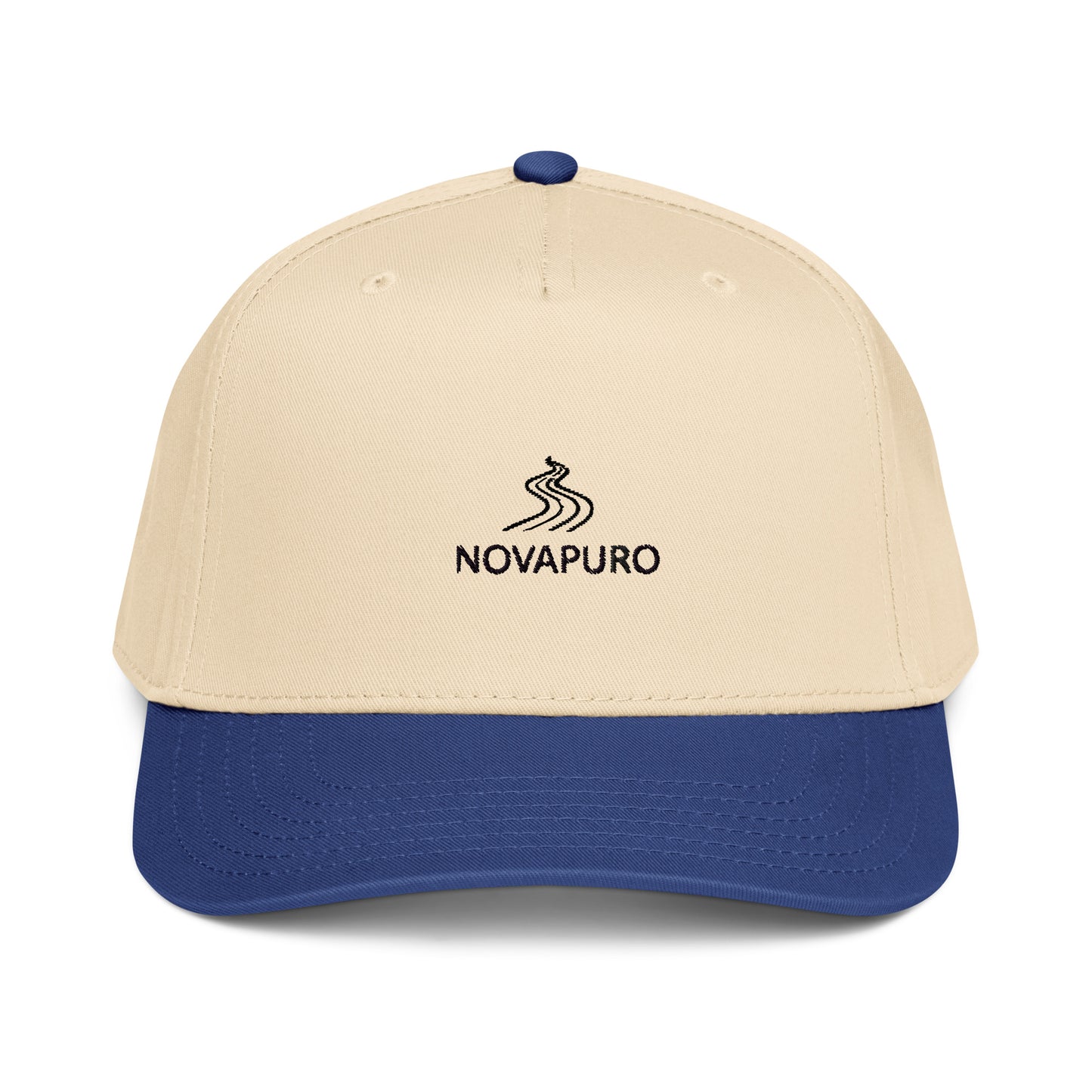Front view of the Novapuro 5-panel cap featuring the subtle brand logo on a structured front panel.
