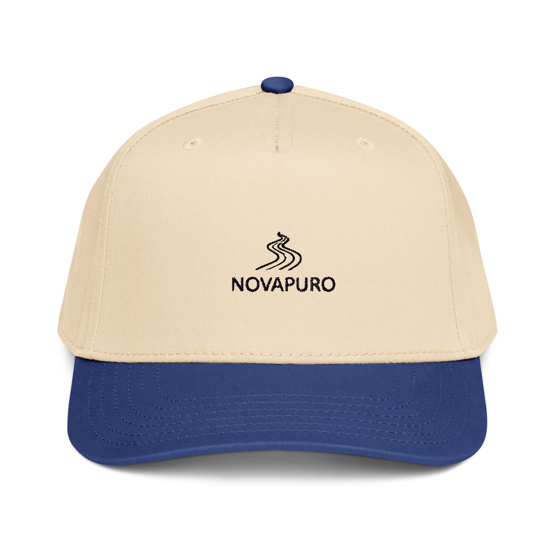 Front view of the Novapuro 5-panel cap featuring the subtle brand logo on a structured front panel.