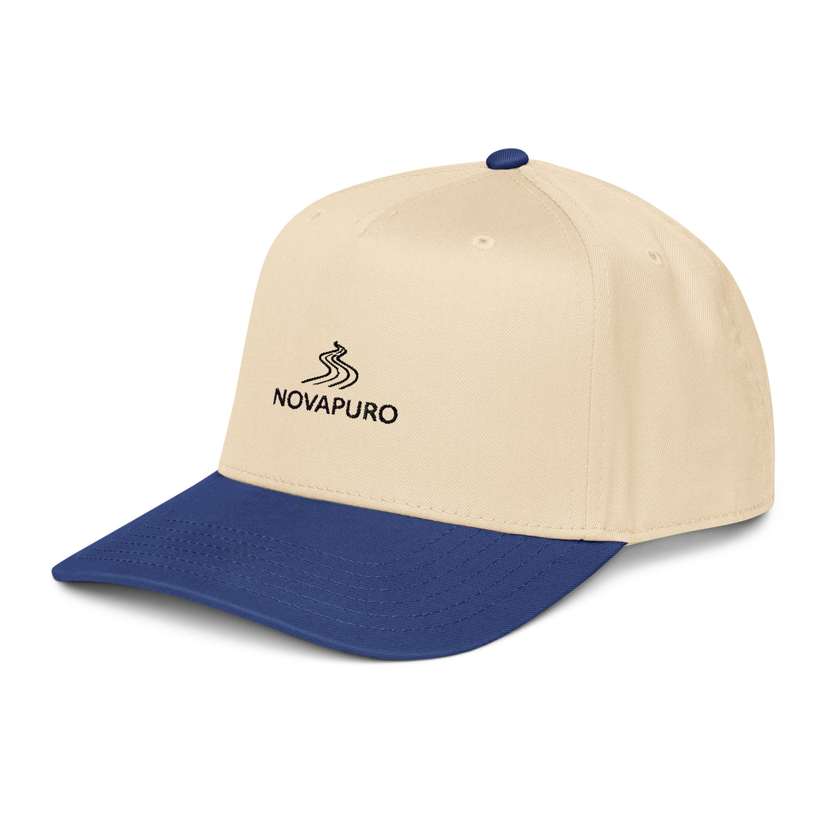 Angled view of the Novapuro 5-panel cap highlighting the mid-profile fit and slightly curved blue visor.