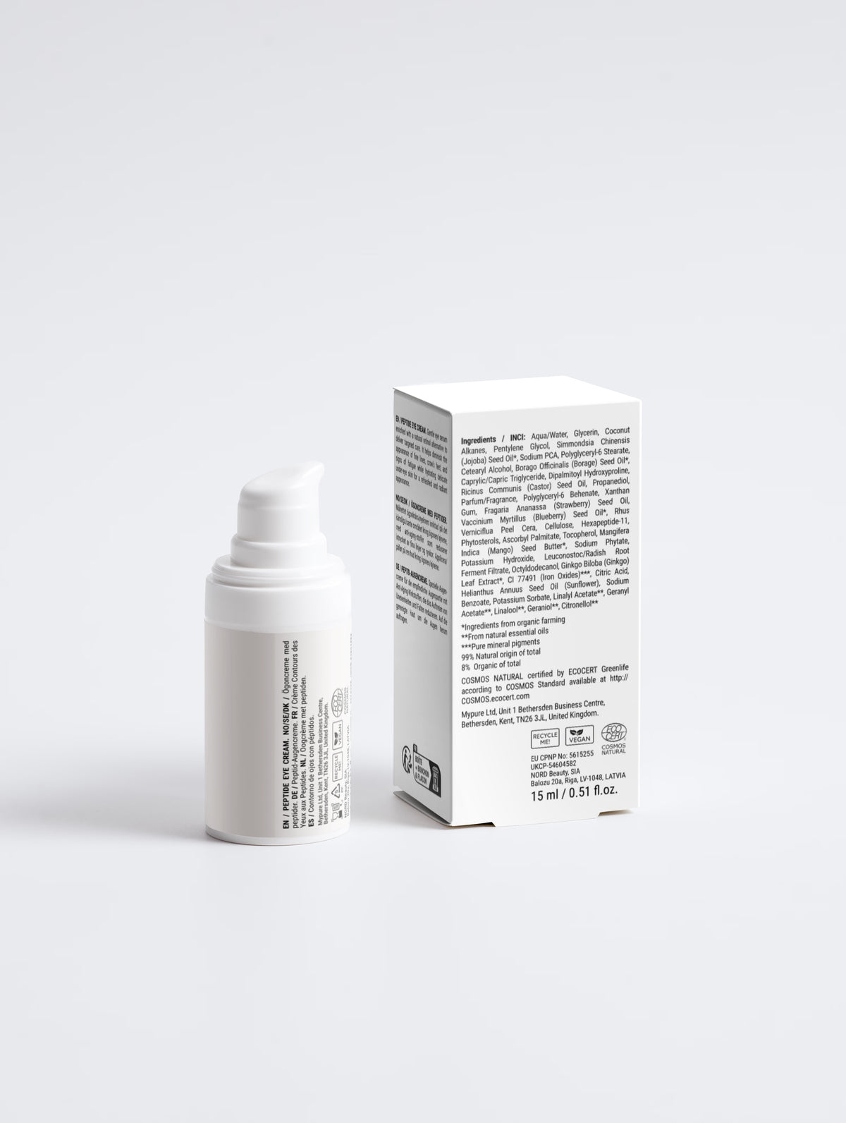 Minimalist white bottle of Novapuro peptide eye cream, designed to hydrate and restore tired eyes after outdoor adventures.