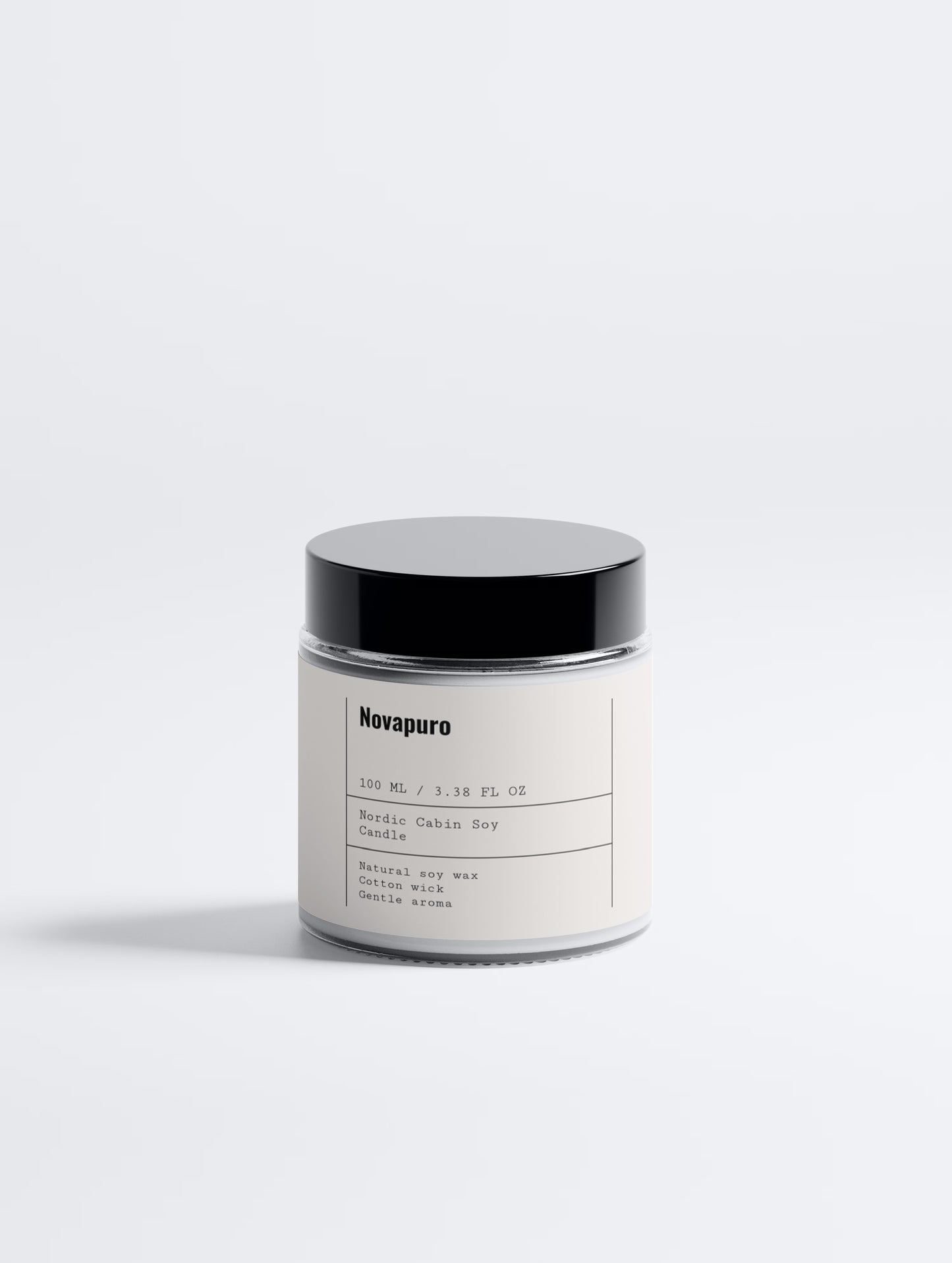 Novapuro Nordic Cabin Soy Candle in a glass jar with a minimalist white label, designed for a clean burn and calm atmosphere.