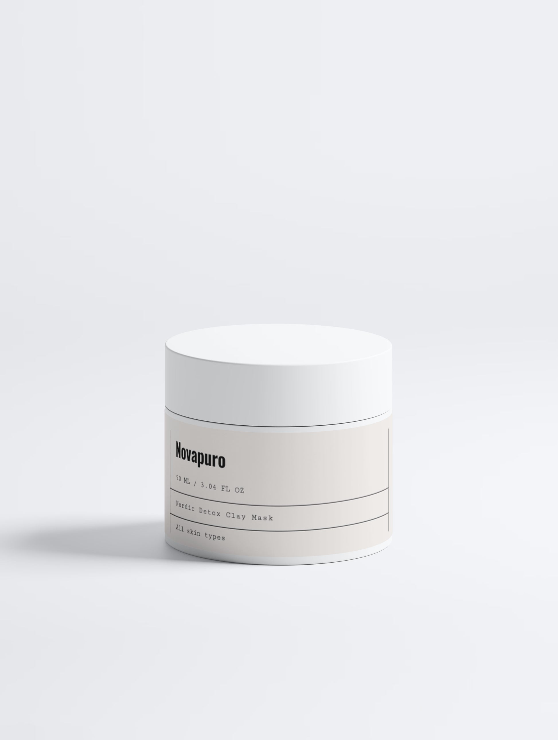 Novapuro Nordic Detox Clay Mask in a white jar. A purifying mineral-rich clay mask for deep cleansing and pore refinement.