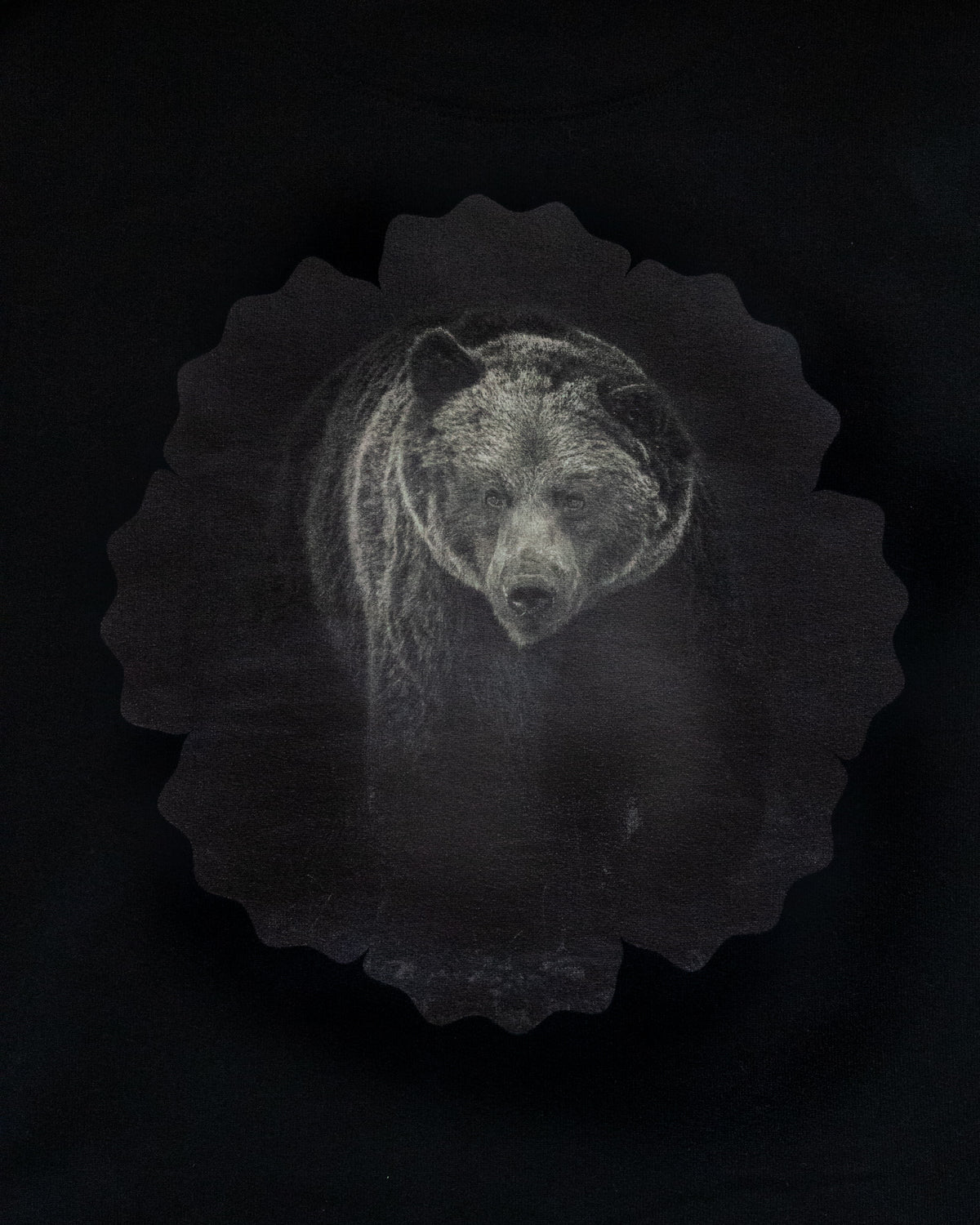 Auli Leivonen wearing a black Novapuro organic cotton hoodie with a majestic Nordic bear photography print on the back, standing outdoors by a lake.