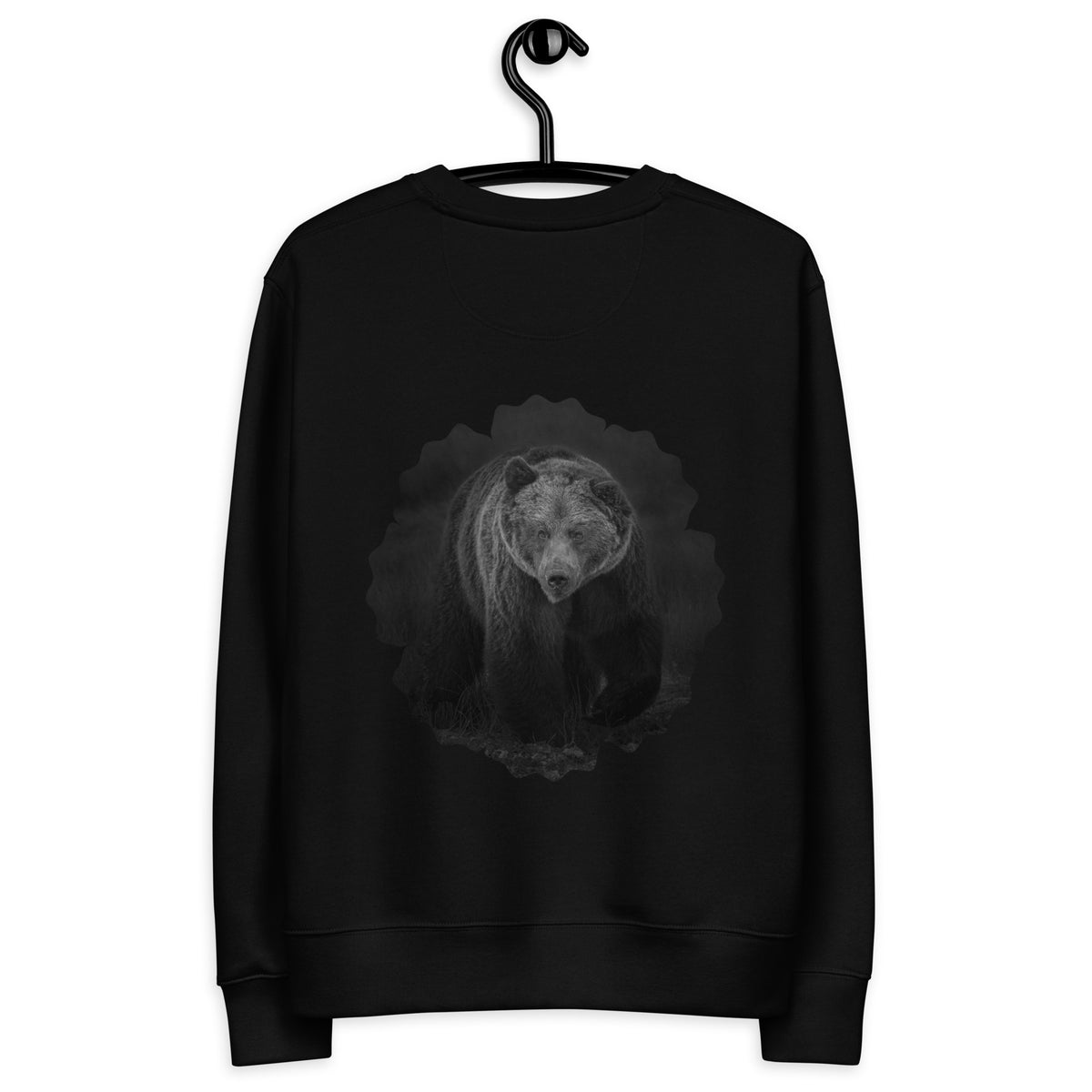 A black organic cotton unisex sweatshirt featuring a striking photograph of a majestic bear by Finnish photographer Auli Leivonen.