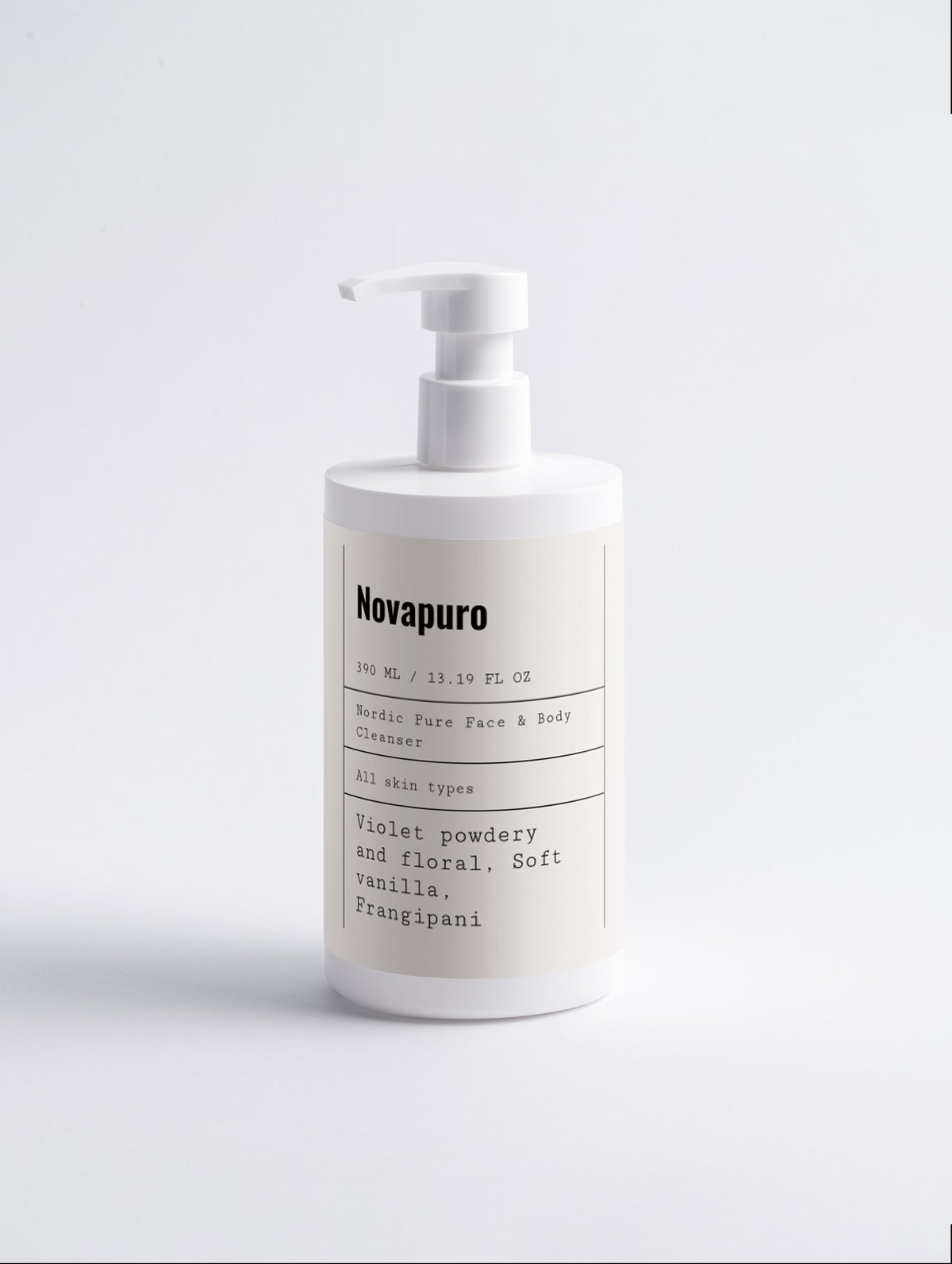 Novapuro Nordic Pure Face & Body Cleanser in a white pump bottle. Eco-certified gentle cleanser for sensitive skin.