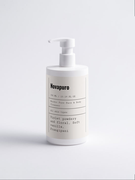 Novapuro Nordic Pure Face & Body Cleanser in a white pump bottle. Eco-certified gentle cleanser for sensitive skin.