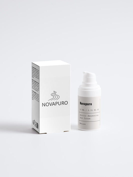Novapuro Arctic Awakening Eye Cream with premium white packaging. An eco-certified, peptide-rich eye cream for reducing fine lines.
