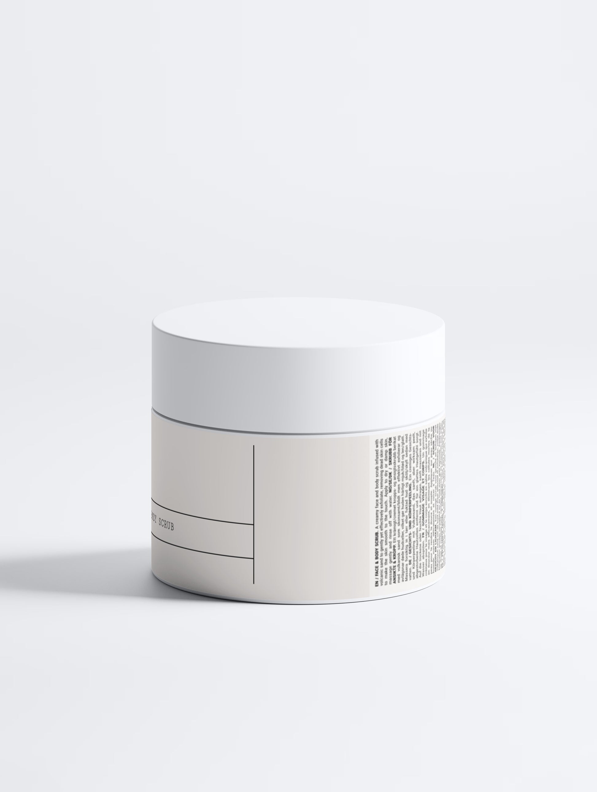 White premium packaging of the Novapuro volcanic sand scrub, designed for all skin types and effective eco-friendly cleansing.
