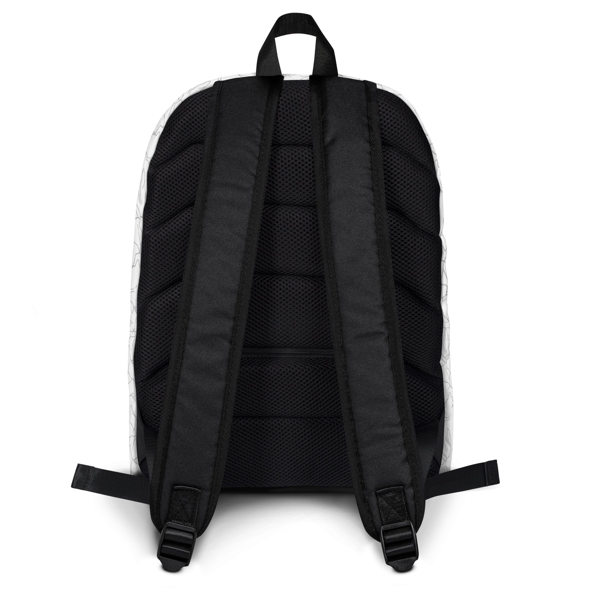 Minimalist white everyday backpack with a seamless black abstract pattern resembling cracking spring ice by Novapuro