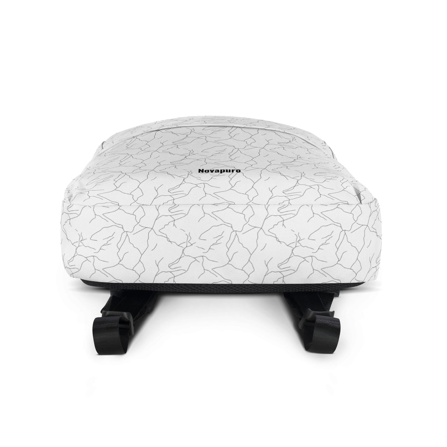 Minimalist white everyday backpack with a seamless black abstract pattern resembling cracking spring ice by Novapuro