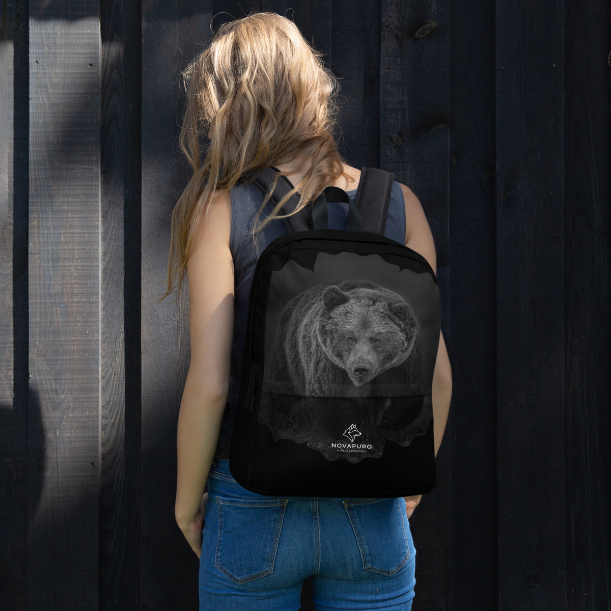 A premium backpack featuring a Nordic bear design, a functional and durable wildlife art collaboration between Novapuro and Auli Leivonen.