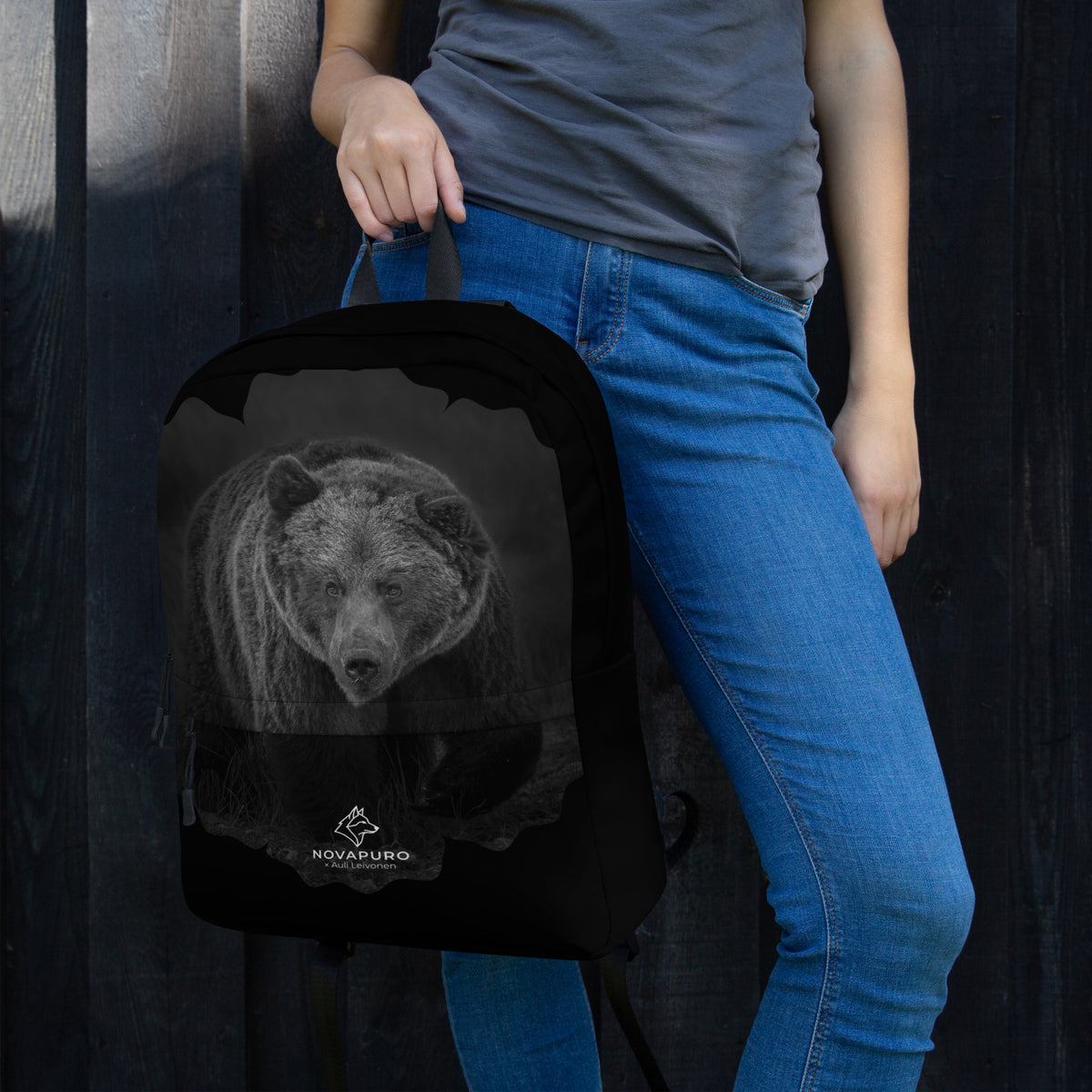 A premium backpack featuring a Nordic bear design, a functional and durable wildlife art collaboration between Novapuro and Auli Leivonen.