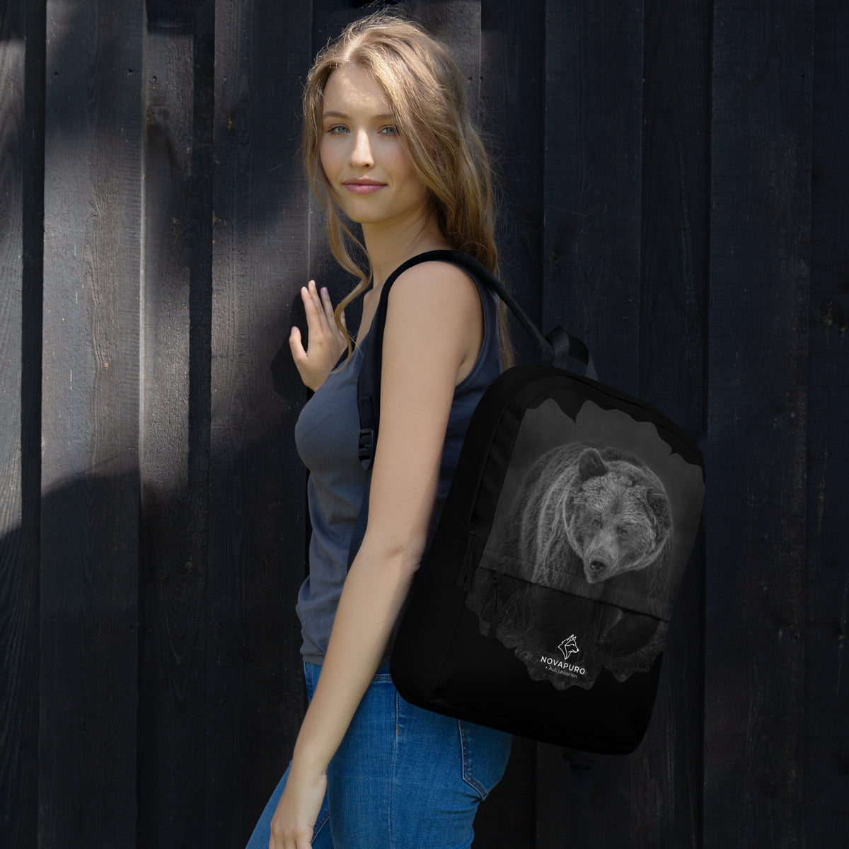A premium backpack featuring a Nordic bear design, a functional and durable wildlife art collaboration between Novapuro and Auli Leivonen.