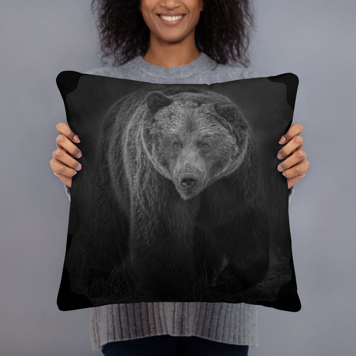 Close-up of the Mystic Bear Premium Throw Pillow, seamless edge-to-edge dark nature print by Auli Leivonen.