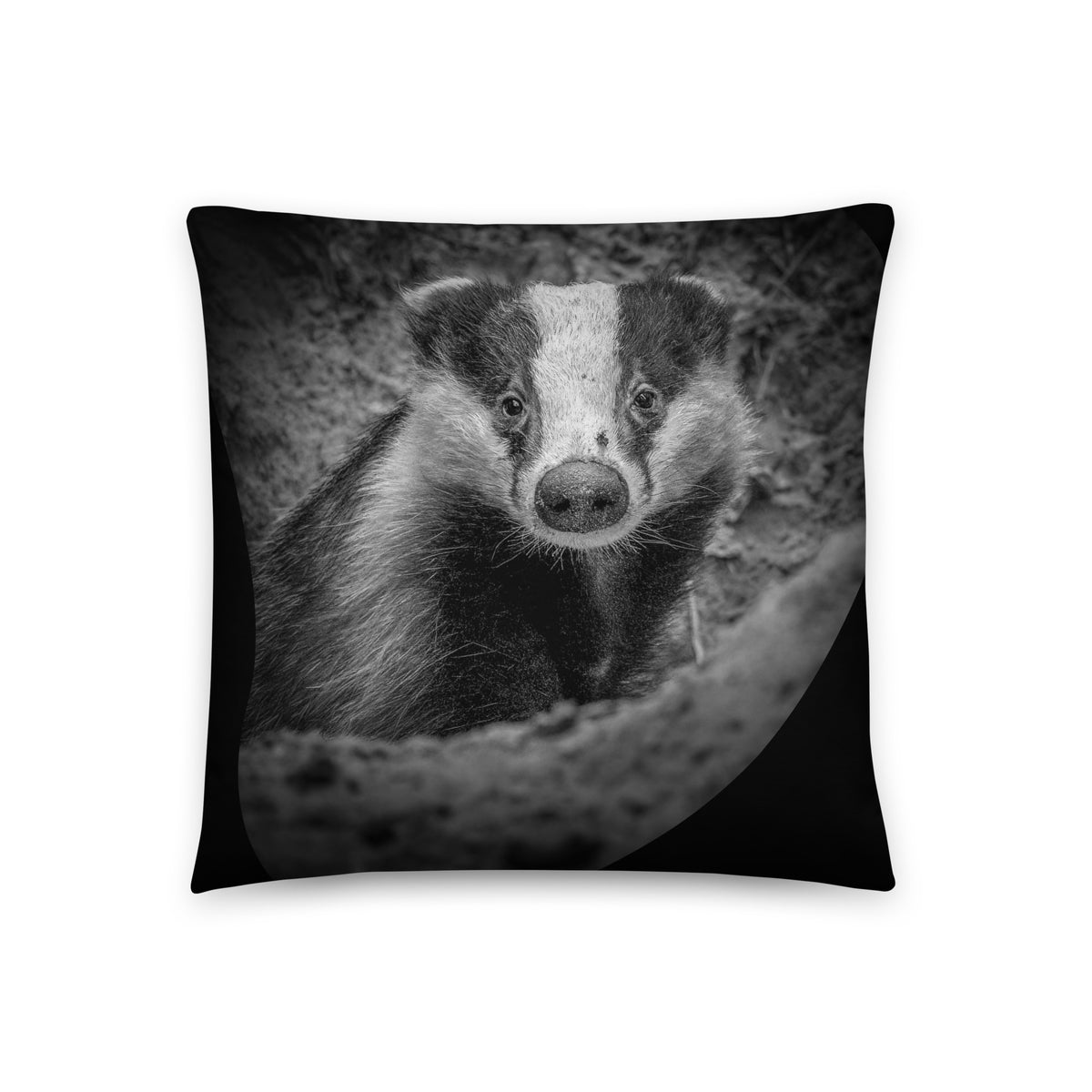 A soft throw pillow featuring a stunning Nordic badger design, a nature-inspired home decor collaboration between Novapuro and Auli Leivonen.