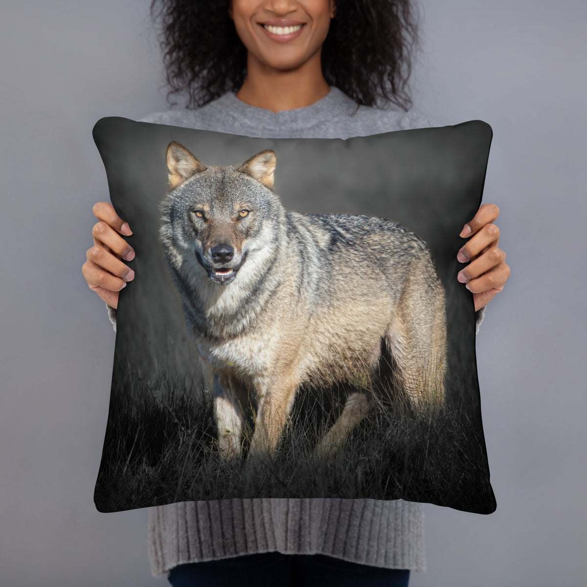 Front view of the 'Dark Alpha Wolf' decorative throw pillow. A stunning centerpiece for any space, bringing the untamed spirit of the northern wilderness home.   