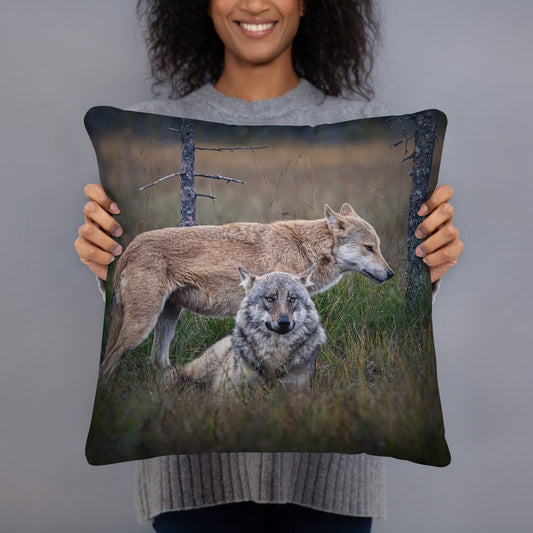 Front view of the 'Leaders of the Pack' premium decorative throw pillow with a striking wolf photograph. Elegant wildlife accessory for a Nordic-inspired home.   