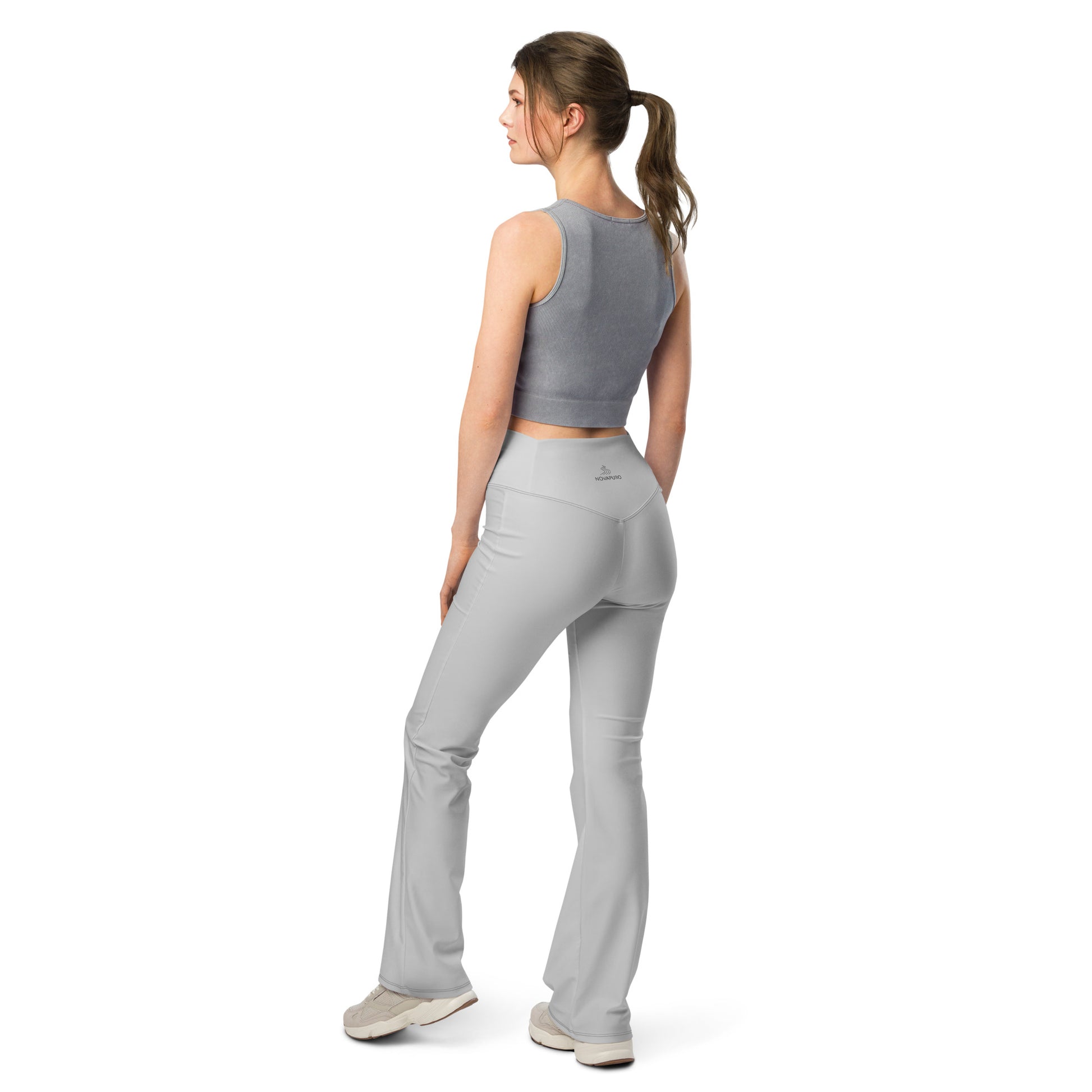 Back view of the flattering high-waisted cut on Novapuro movement flare leggings