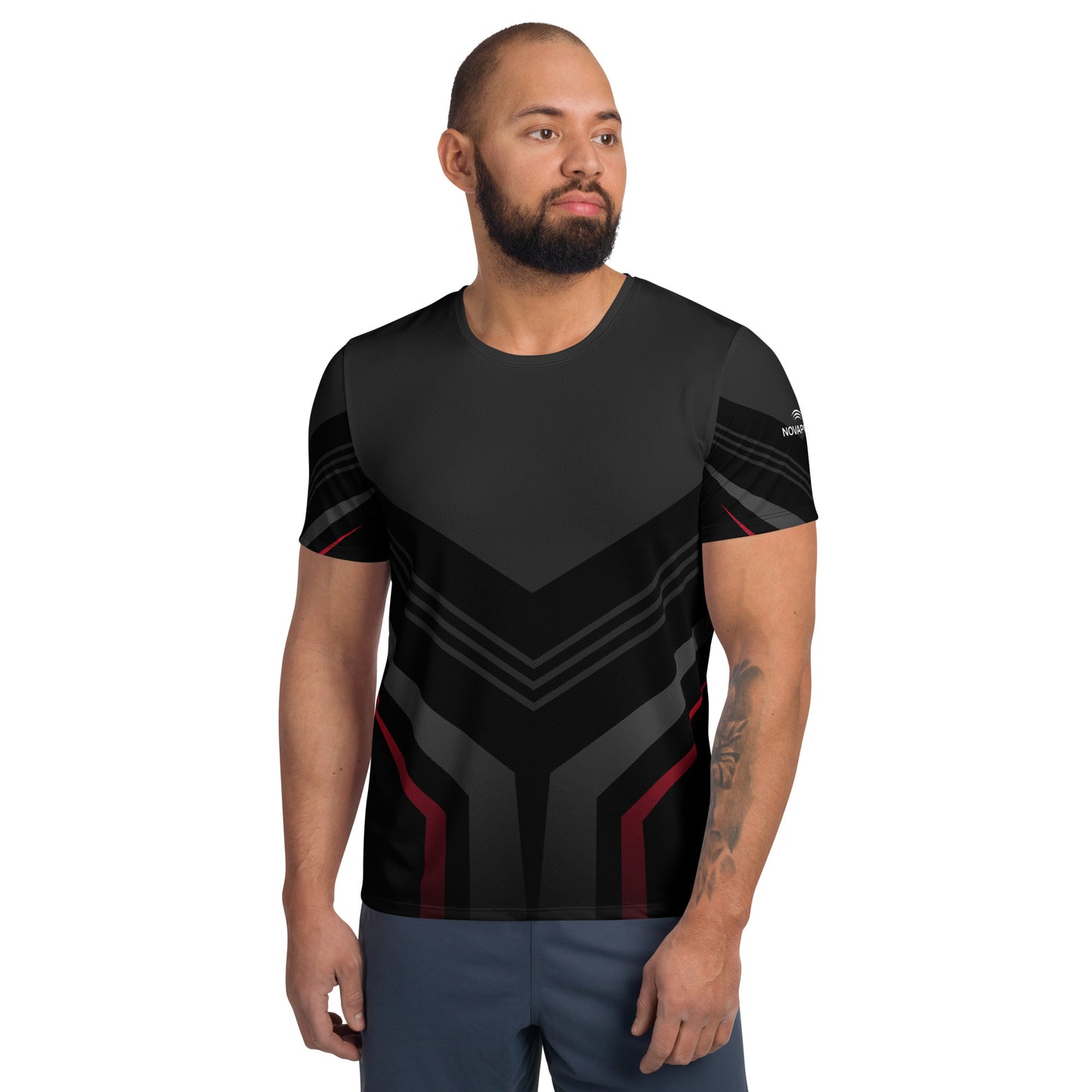 Man wearing the black Novapuro Signature athletic t-shirt, minimalist activewear design