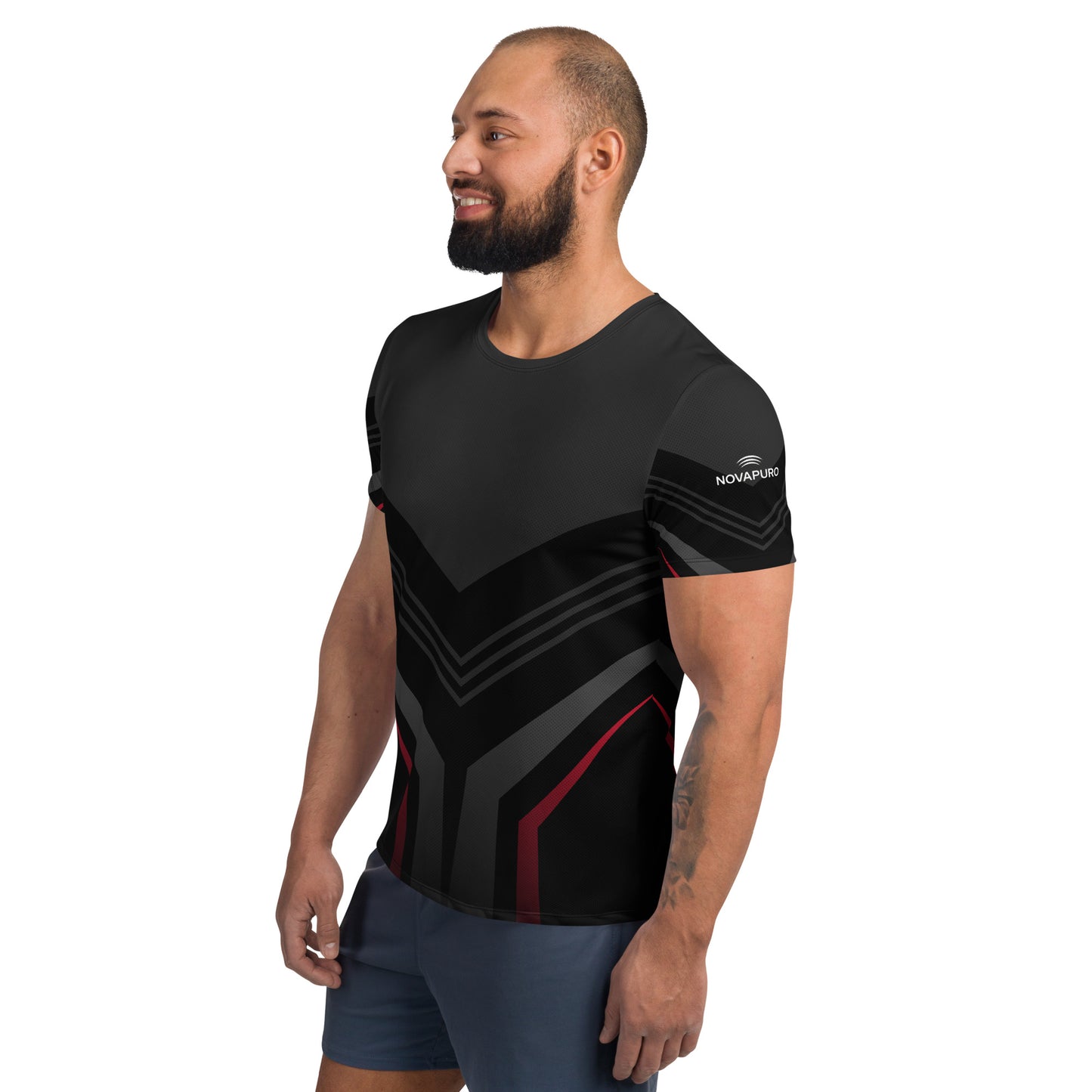 Man wearing the black Novapuro Signature athletic t-shirt, minimalist activewear design