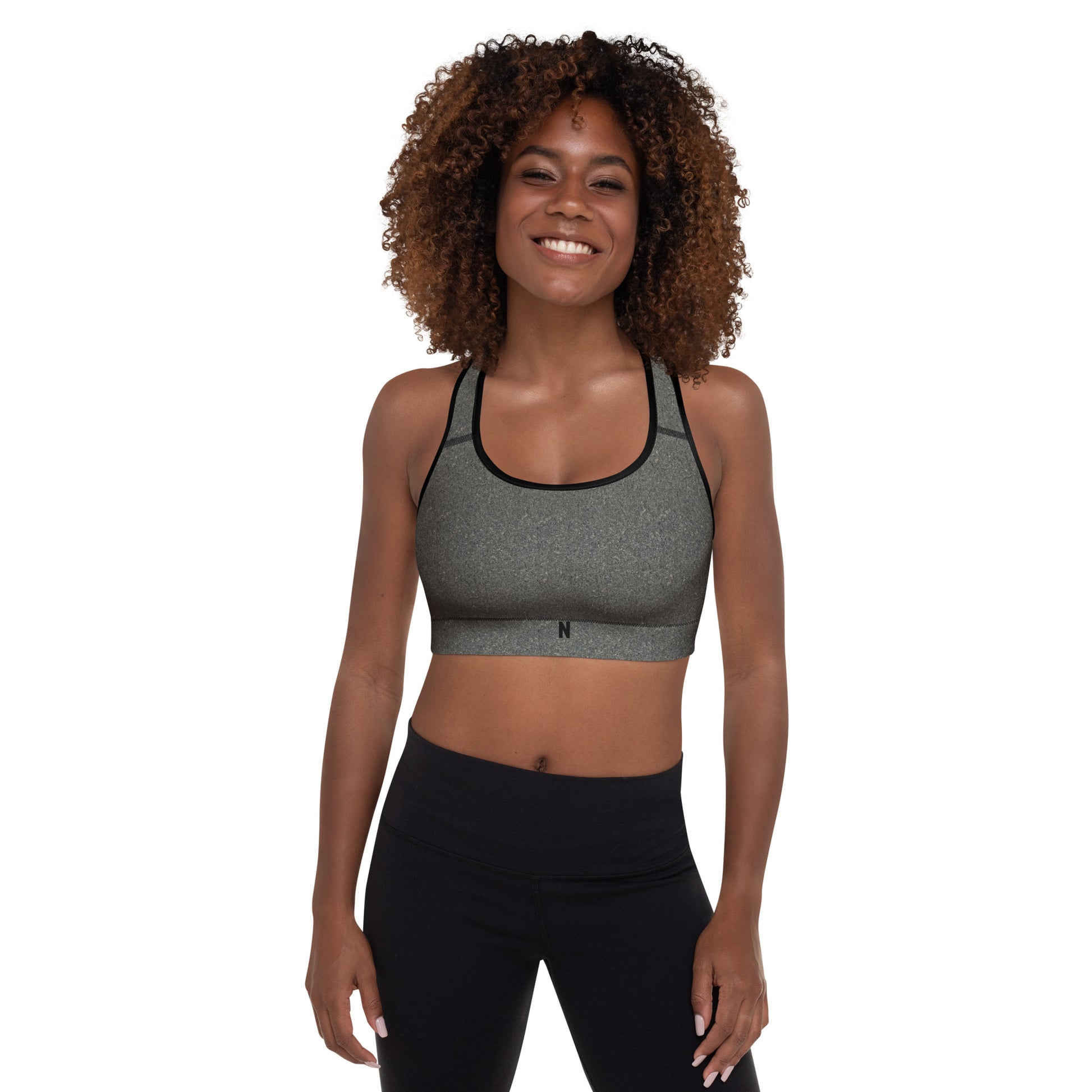 Novapuro Nordic Granite Padded Sports Bra. Supportive fitness top with grey stone pattern. Ideal for yoga, gym, and running.
