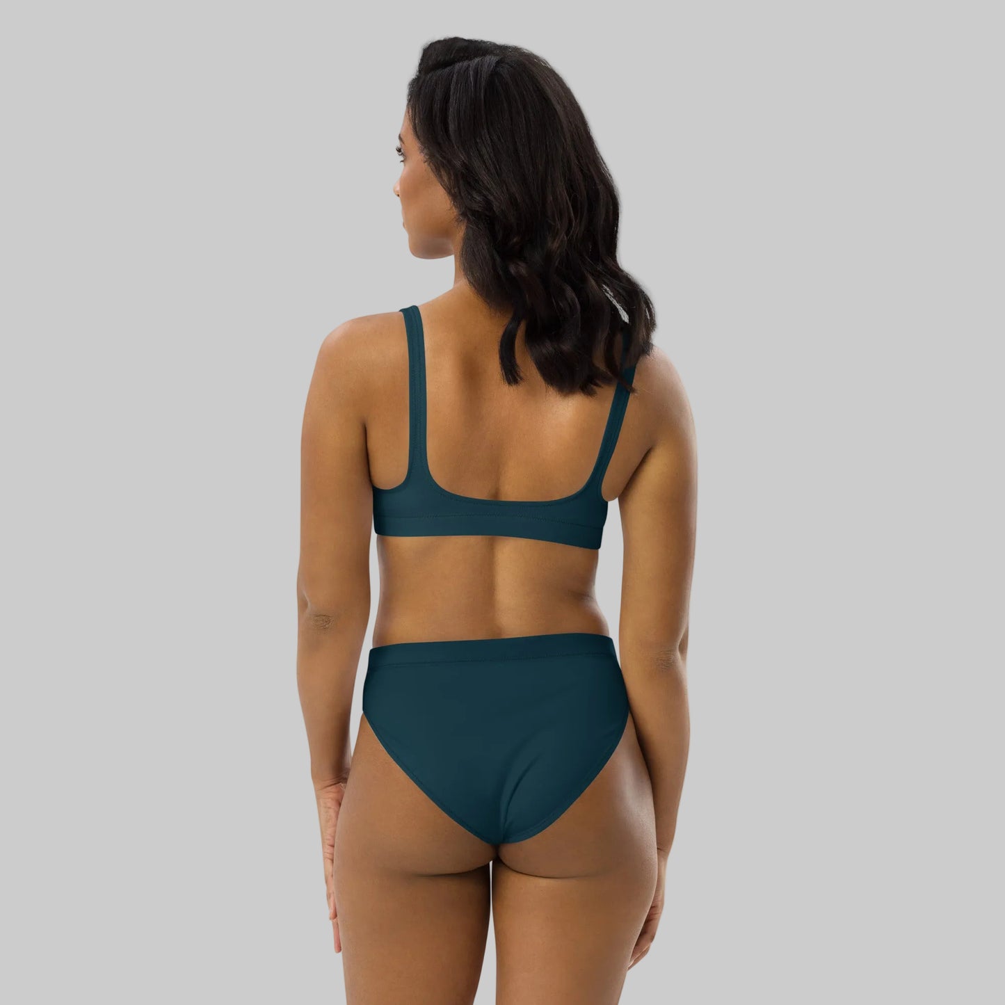 Back view of sustainable deep ocean blue high-waisted bikini set