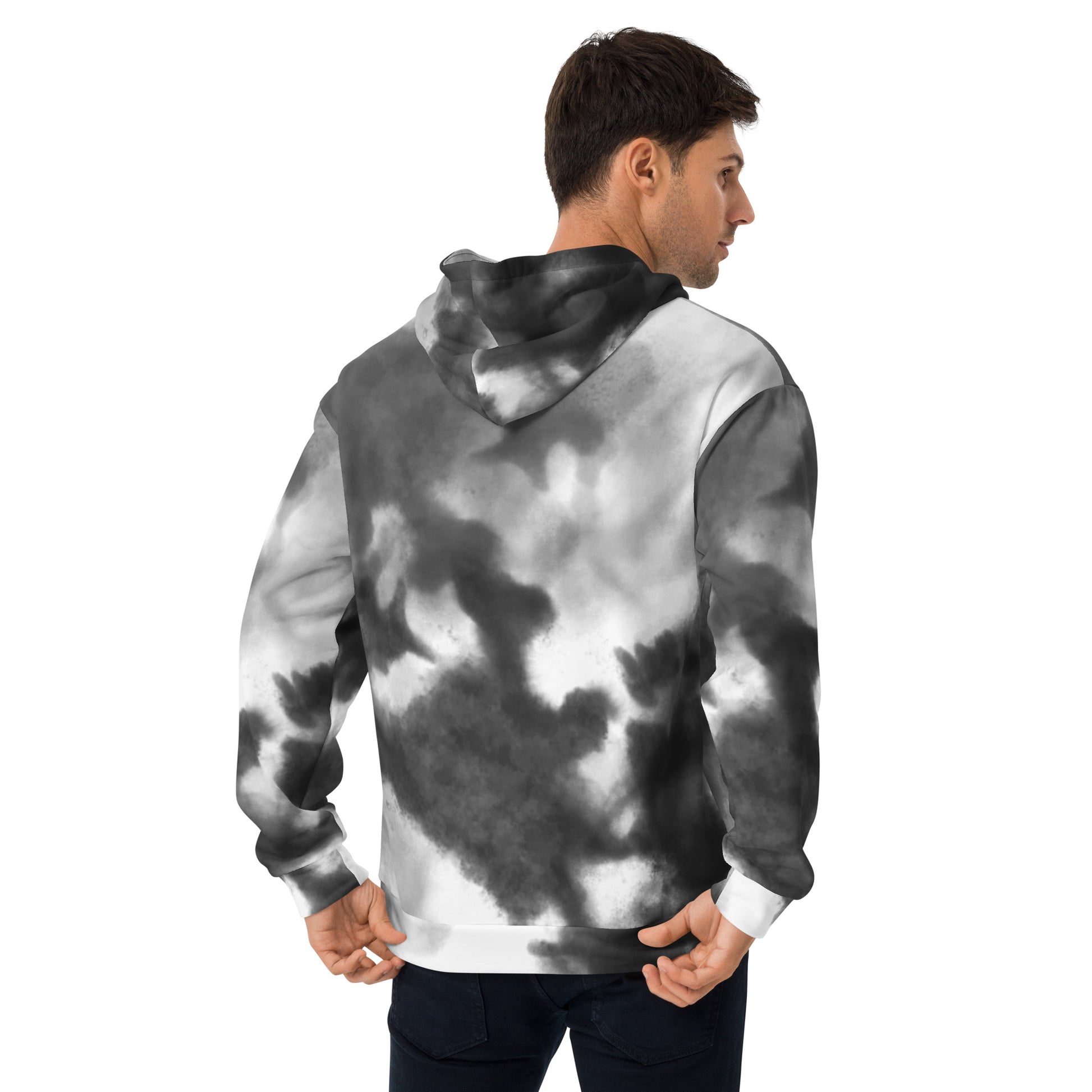 Man wearing the Novapuro Nordic Mist recycled all-over print hoodie