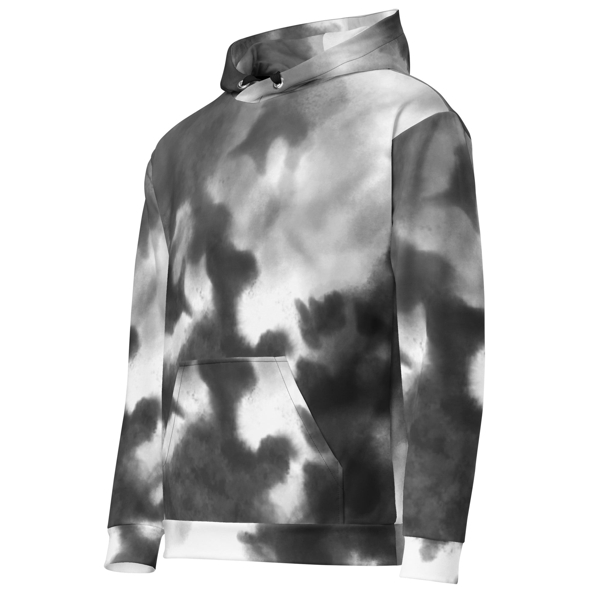 Close-up of the black and white abstract pattern on a sustainable unisex hoodie