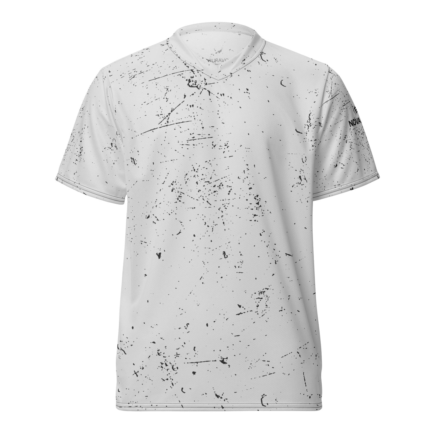 Flat lay front view of the eco-friendly white sports shirt from the Novapuro Movement collection.