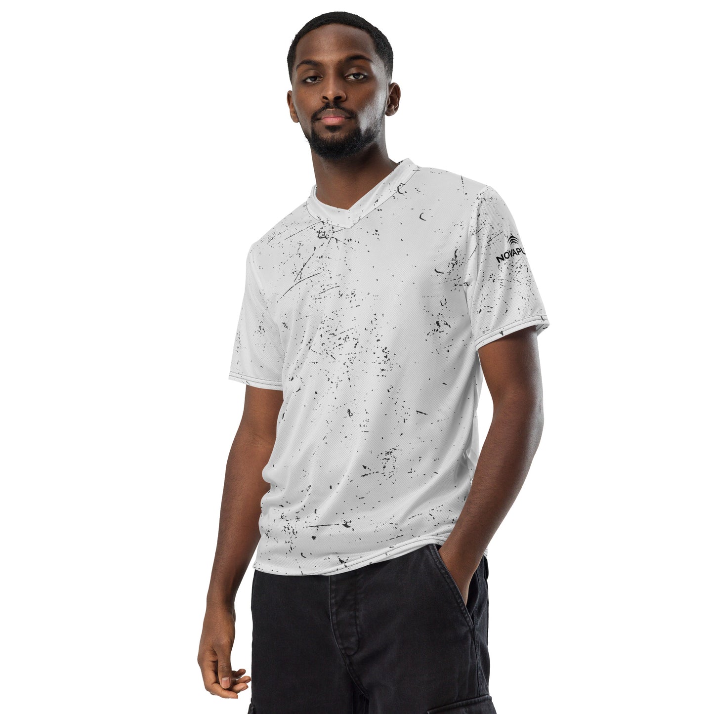Front view of a man wearing the breathable and moisture-wicking Novapuro sports jersey.