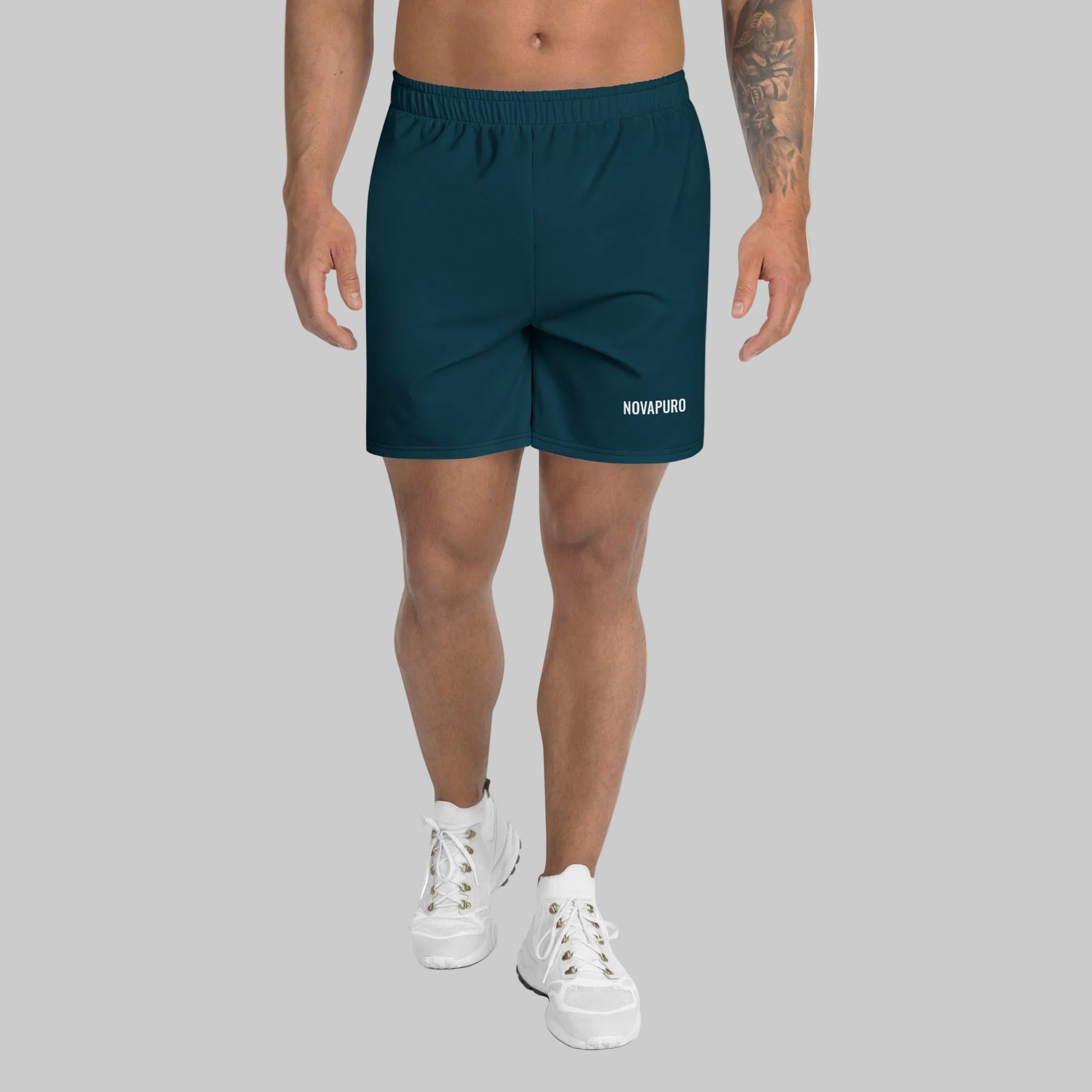 Dark blue Novapuro Signature recycled athletic shorts on a white background