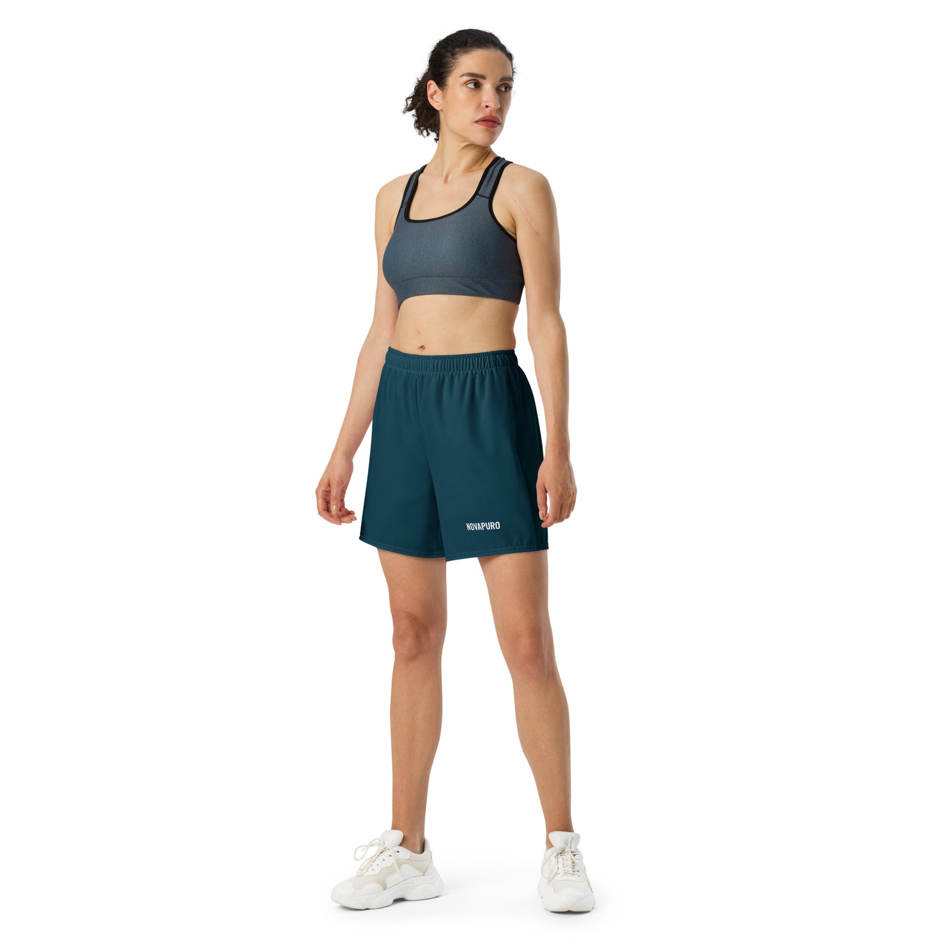 Dark blue Novapuro Signature recycled athletic shorts on a white background