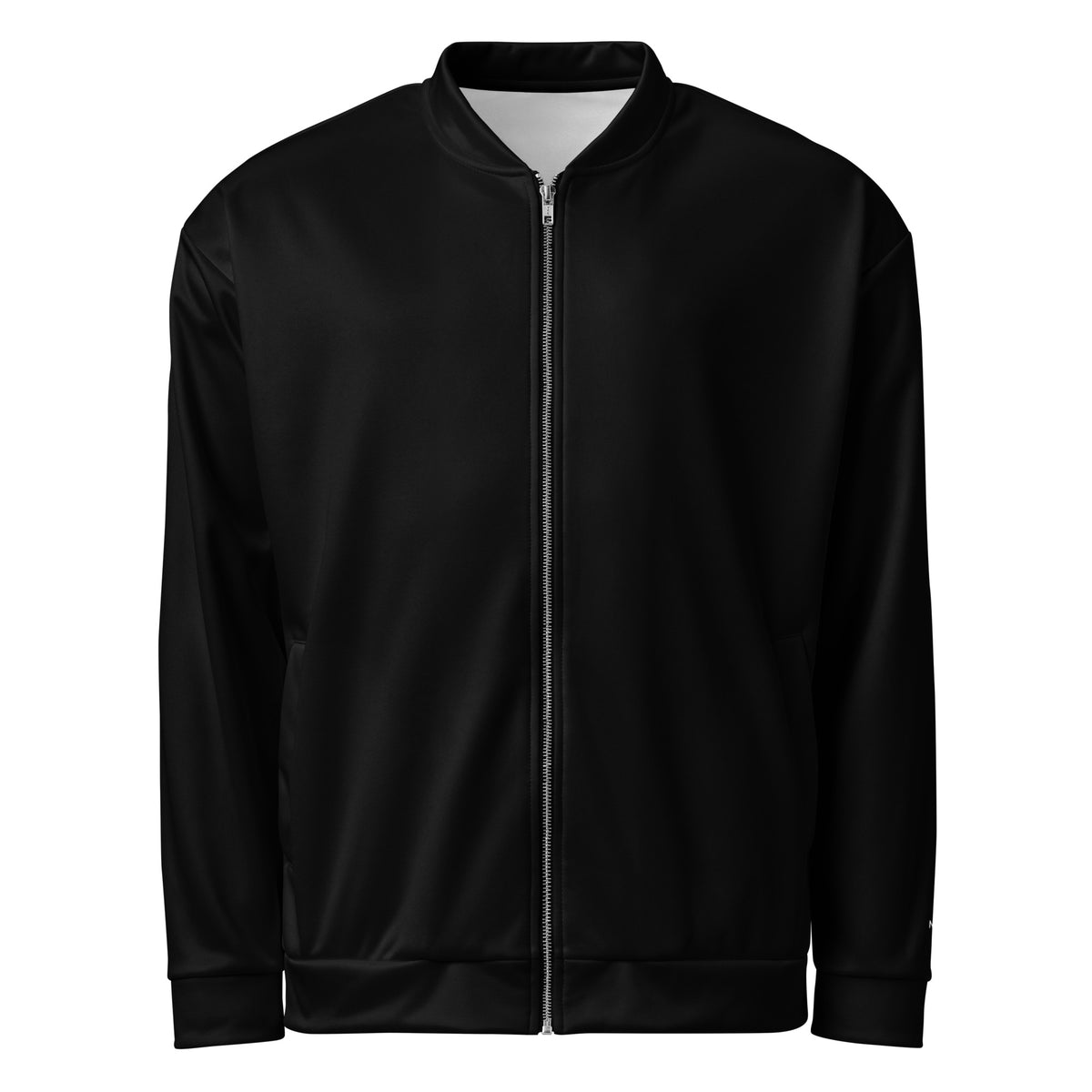 A female model facing forward wearing the black Novapuro bomber jacket left open, showcasing the relaxed unisex fit.