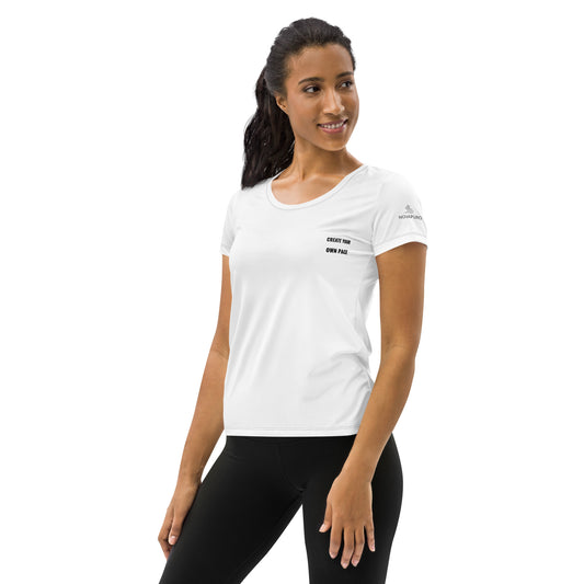Woman wearing white Novapuro athletic t-shirt with Create Your Own Pace text, minimalist activewear design