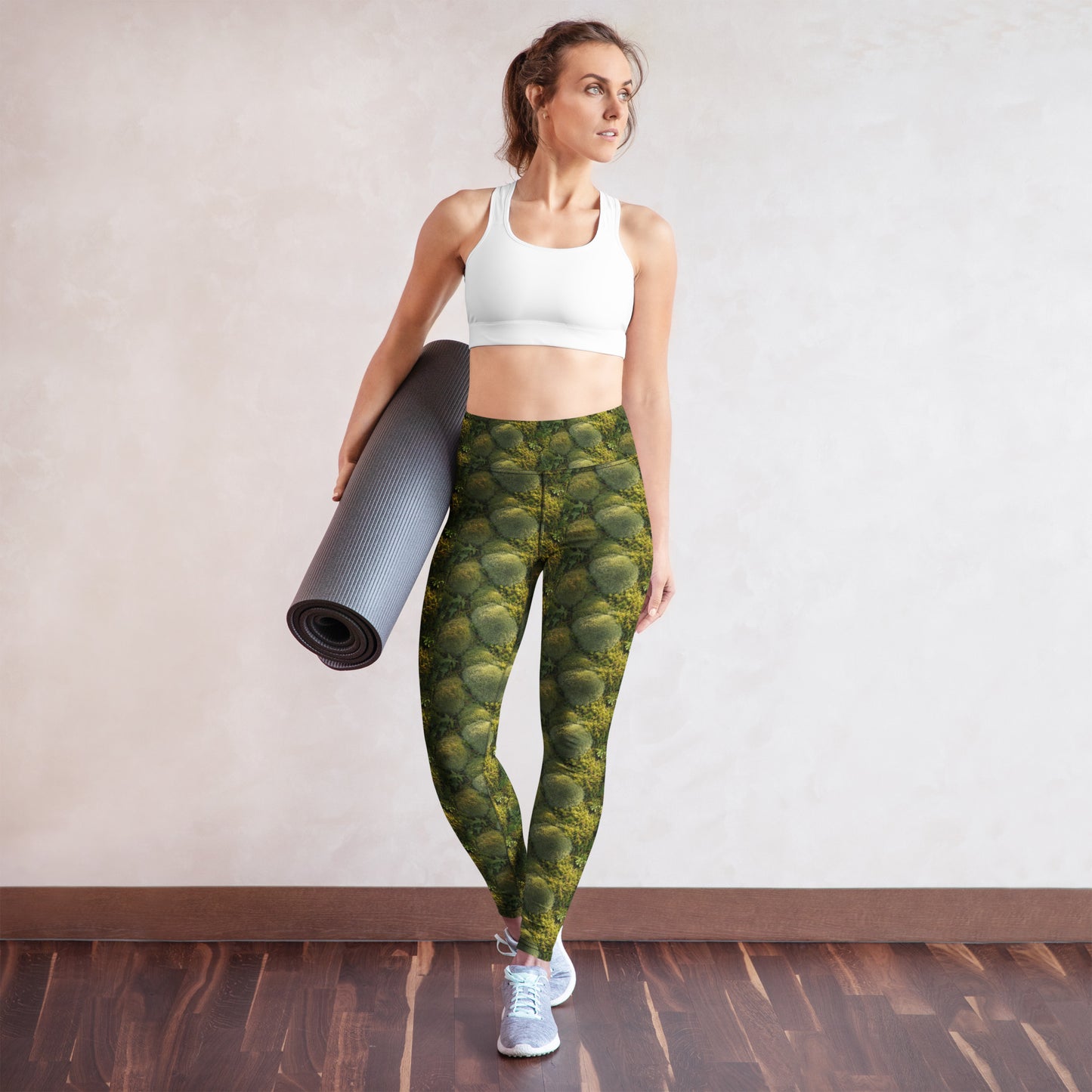 Novapuro Forest Floor High-Waist Yoga Leggings. Sustainable workout pants with nature-inspired forest print. Comfortable high-rise fit for yoga and pilates.