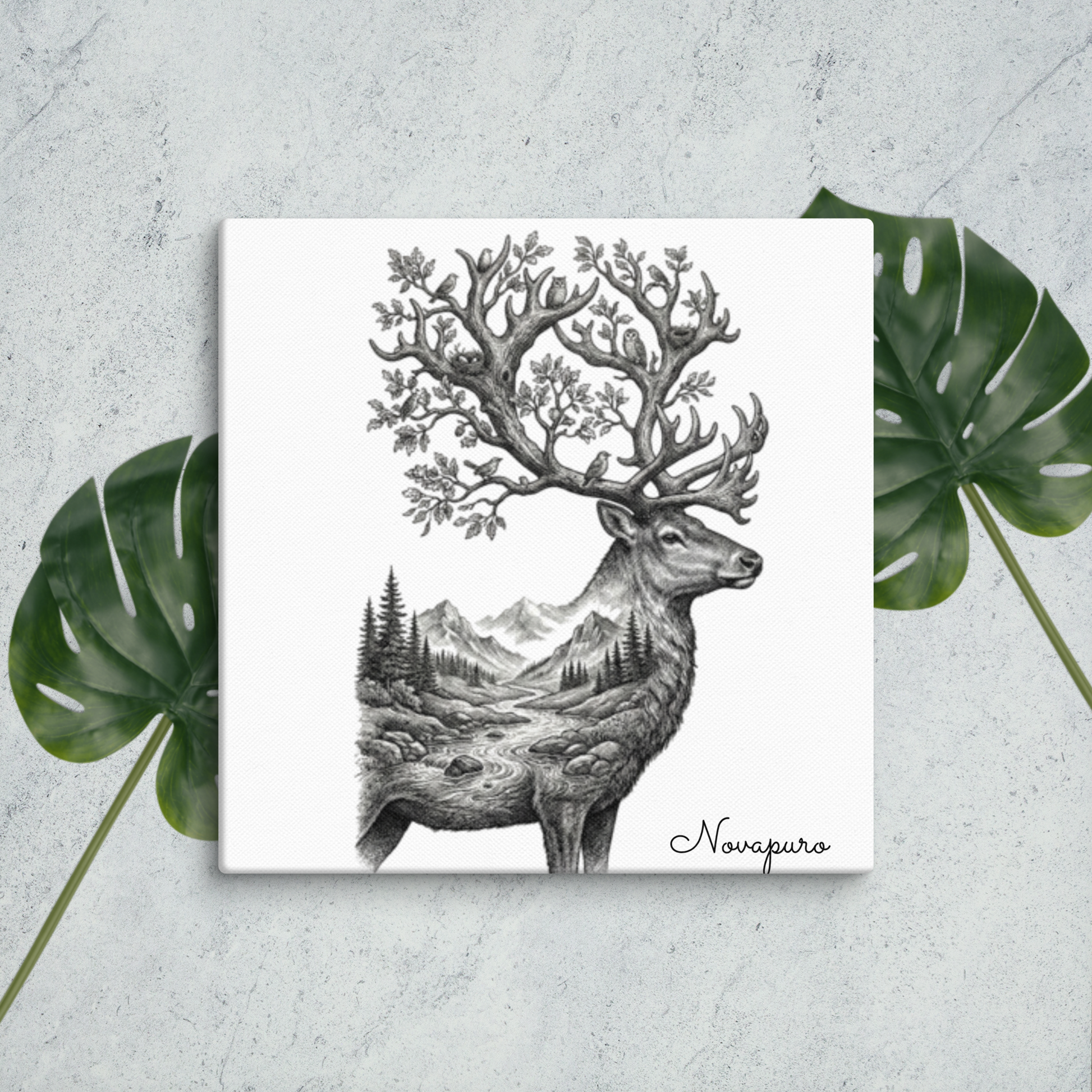 Novapuro The Stag King Canvas Art Print. Artistic double exposure illustration of a majestic deer with birds and owls hiding in its antlers. Nordic nature inspired premium wall art.