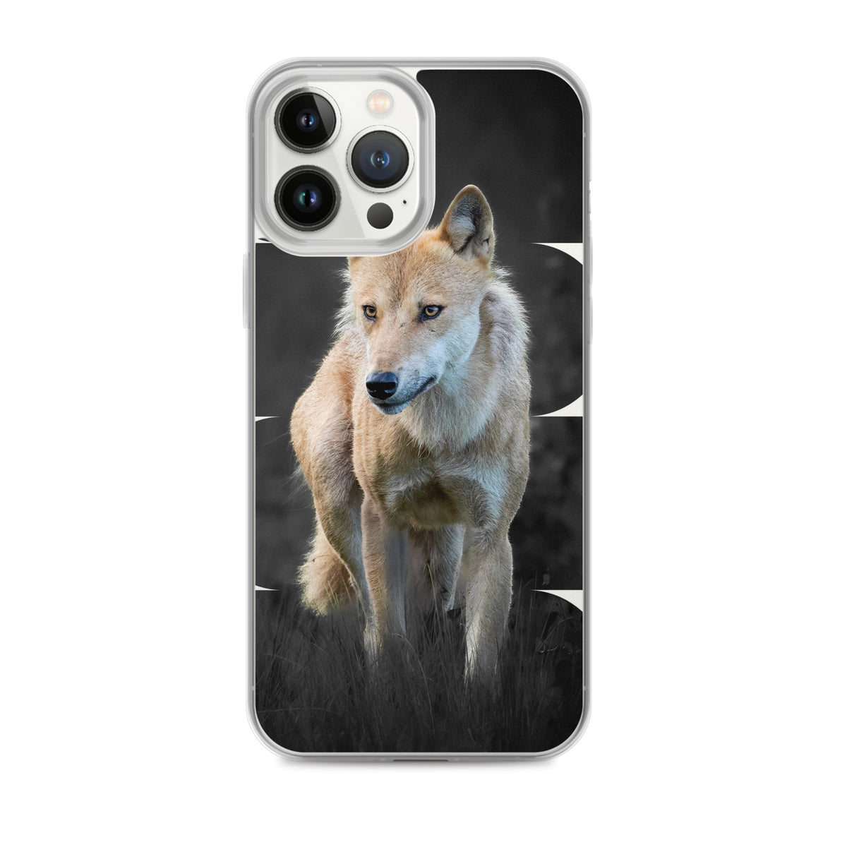 Clear iPhone case featuring a majestic Nordic wolf design, a nature-inspired collaboration between Novapuro and Auli Leivonen.