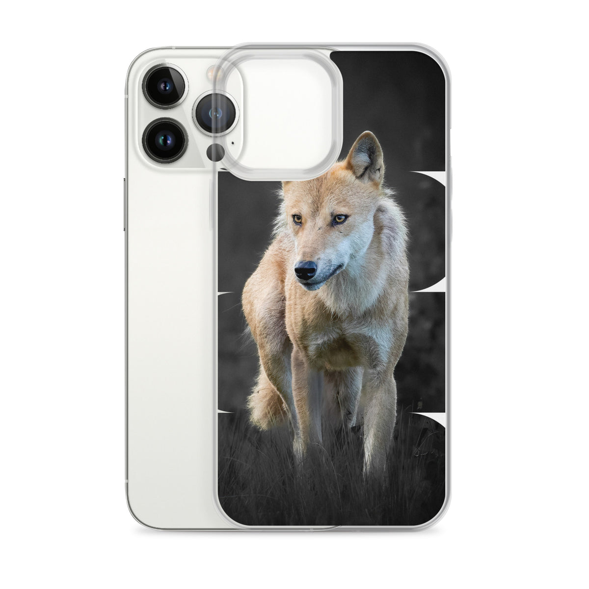 Clear iPhone case featuring a majestic Nordic wolf design, a nature-inspired collaboration between Novapuro and Auli Leivonen.