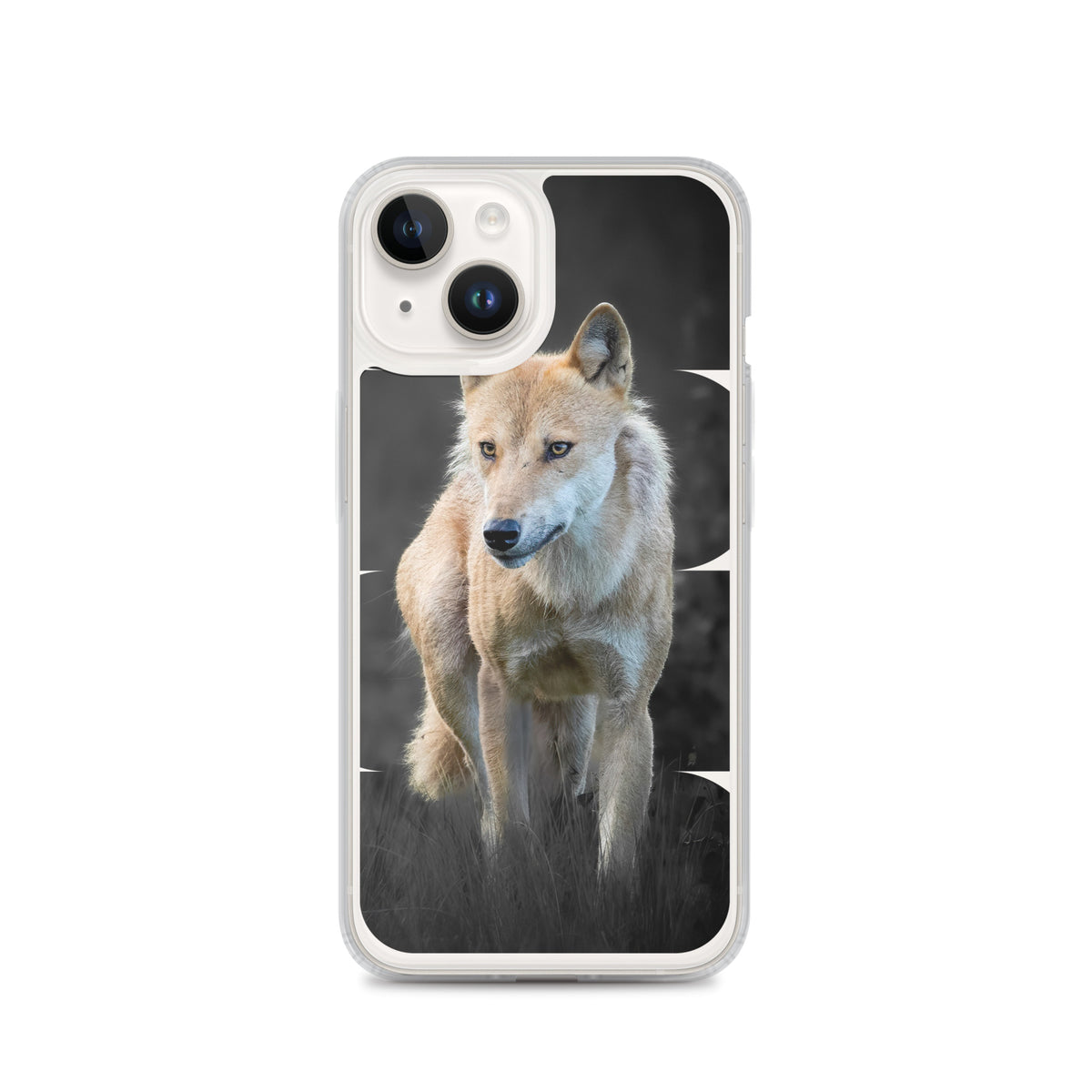 Clear iPhone case featuring a majestic Nordic wolf design, a nature-inspired collaboration between Novapuro and Auli Leivonen.