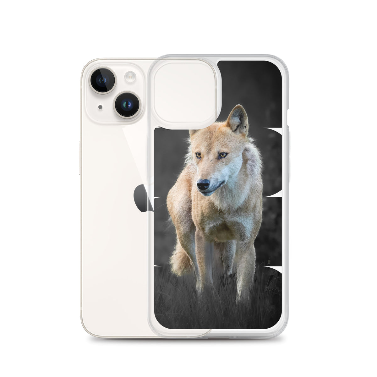 Clear iPhone case featuring a majestic Nordic wolf design, a nature-inspired collaboration between Novapuro and Auli Leivonen.