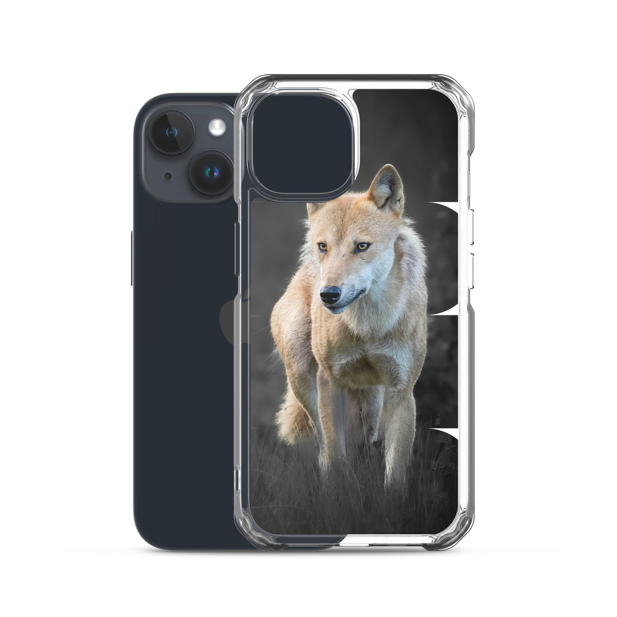 Clear iPhone case featuring a majestic Nordic wolf design, a nature-inspired collaboration between Novapuro and Auli Leivonen.