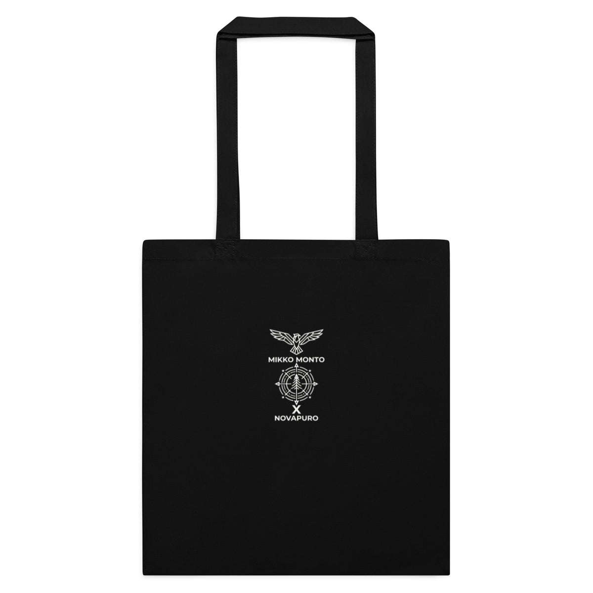 A black cotton tote bag featuring a captivating front print of two moose in the mist by Mikko Monto