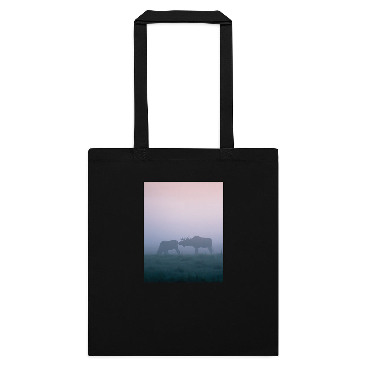 A black cotton tote bag featuring a captivating front print of two moose in the mist by Mikko Monto