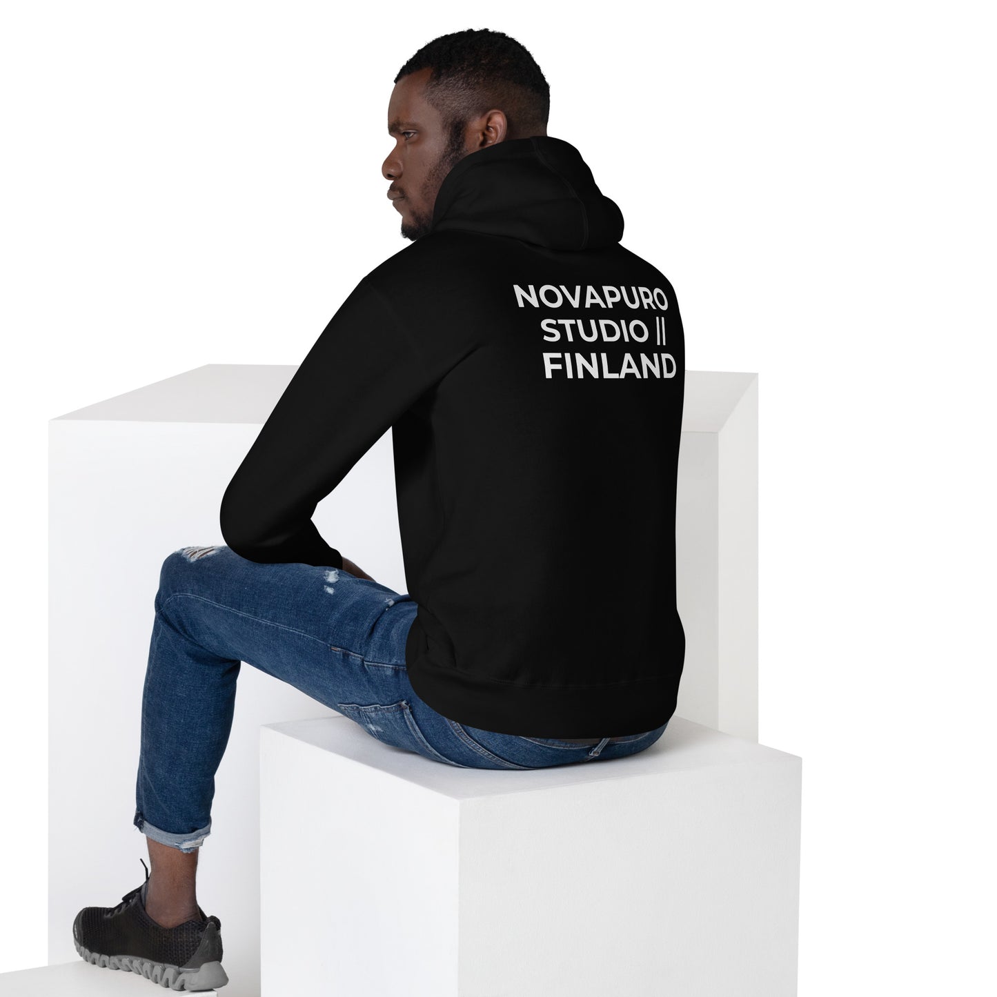 Novapuro Studio Signature Heavyweight Hoodie. Premium heavyweight organic cotton hoodie with minimalist branding. Sustainable luxury streetwear.