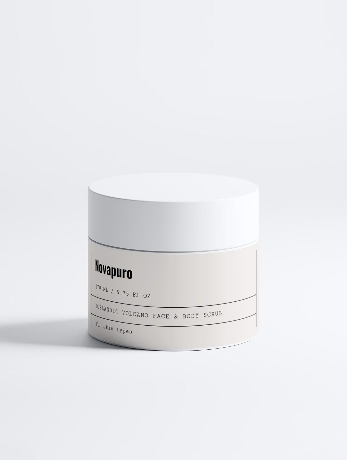 Novapuro Icelandic Volcano Face & Body Scrub. A premium eco-certified exfoliator with natural volcanic sand for gentle face and body care.