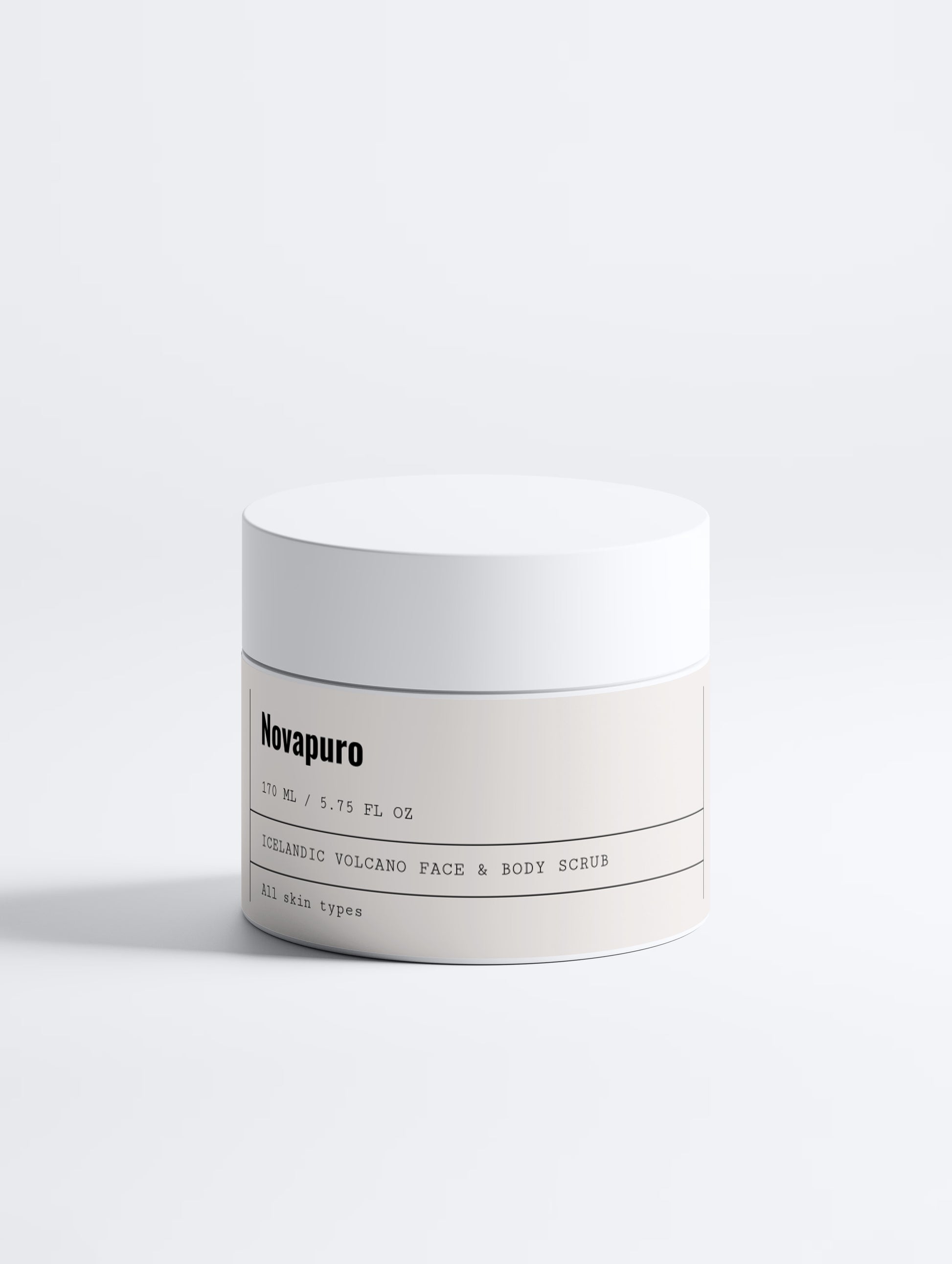 Novapuro Icelandic Volcano Face & Body Scrub. A premium eco-certified exfoliator with natural volcanic sand for gentle face and body care.