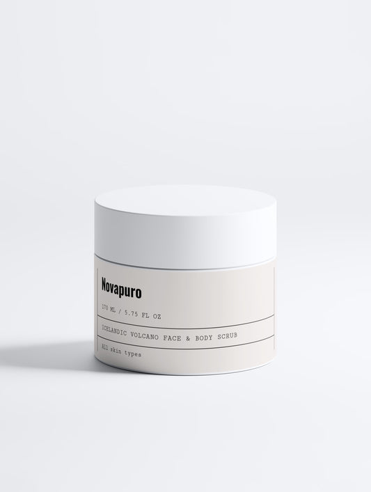 Novapuro Icelandic Volcano Face & Body Scrub. A premium eco-certified exfoliator with natural volcanic sand for gentle face and body care.