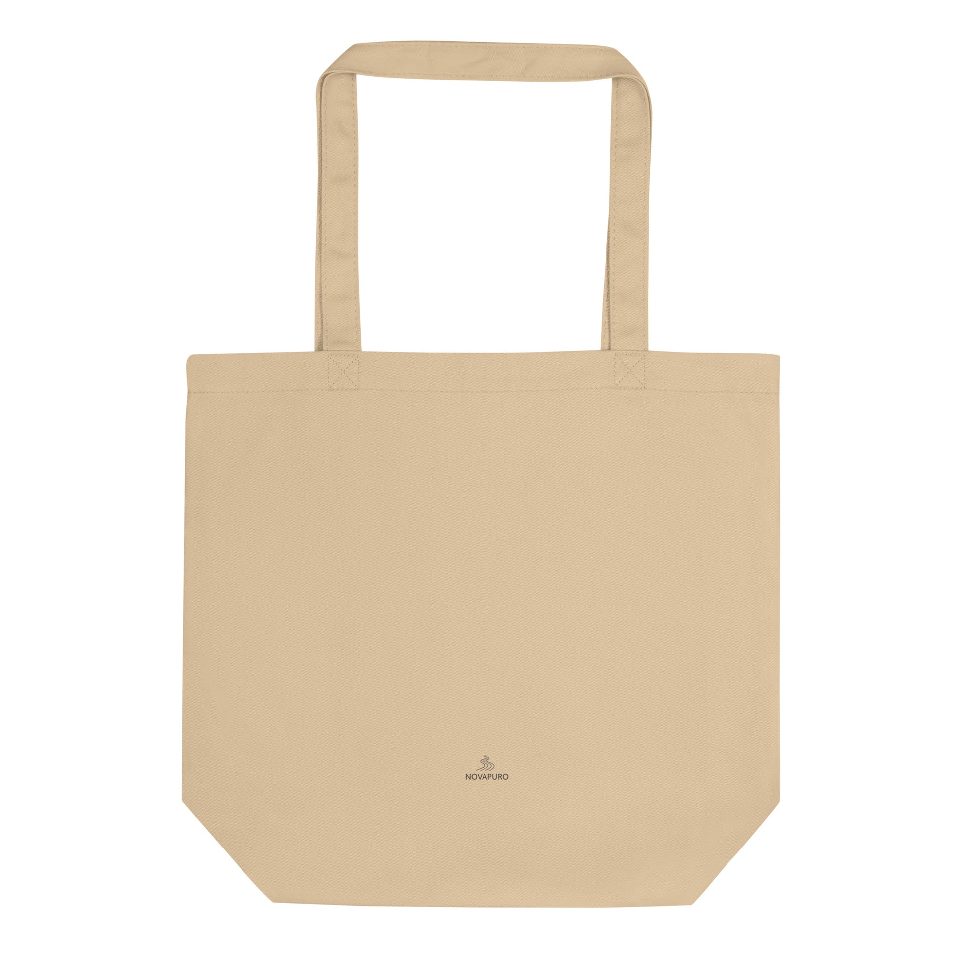 Back of the organic cotton Novapuro tote bag featuring a small minimalist logo
