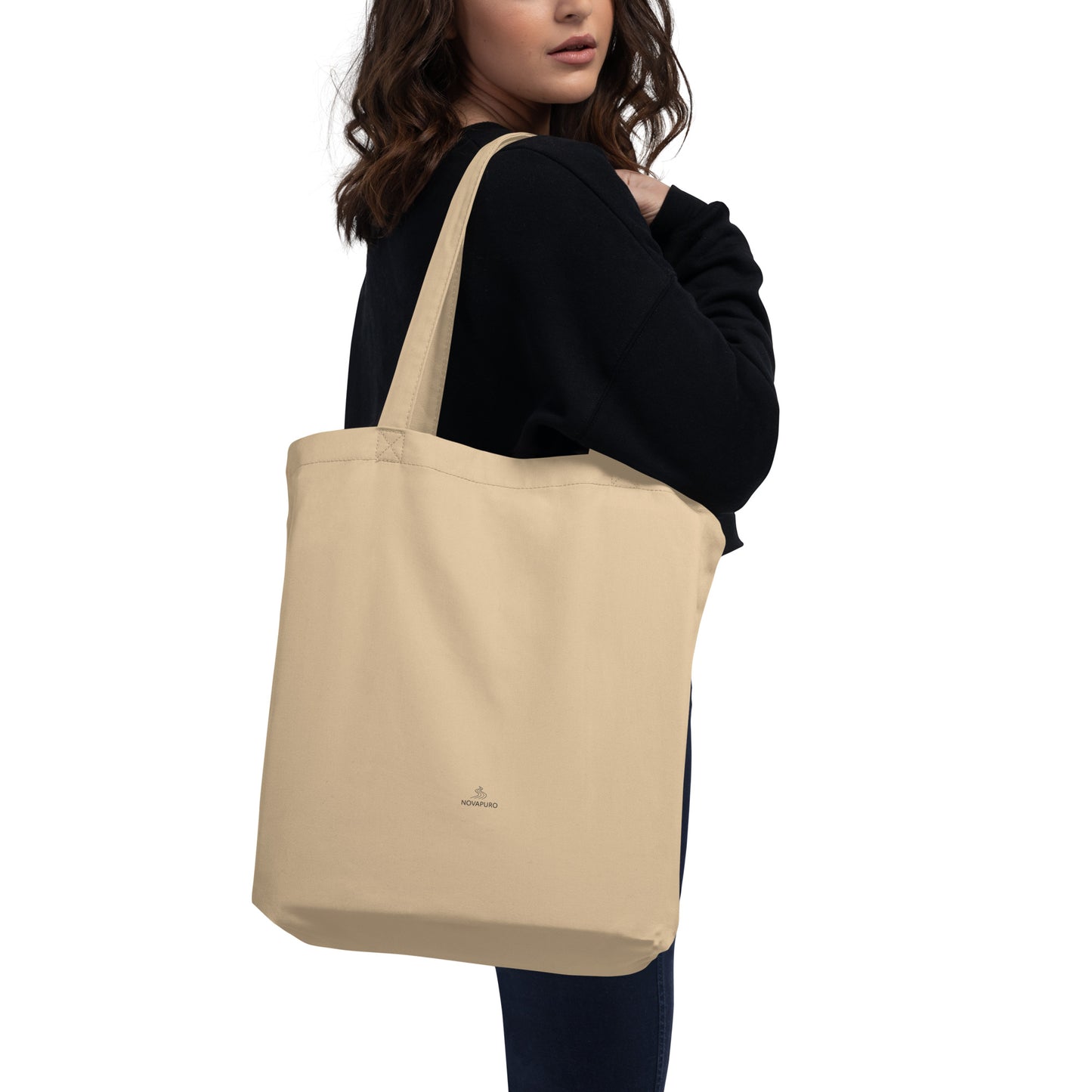 Back of the organic cotton Novapuro tote bag featuring a small minimalist logo